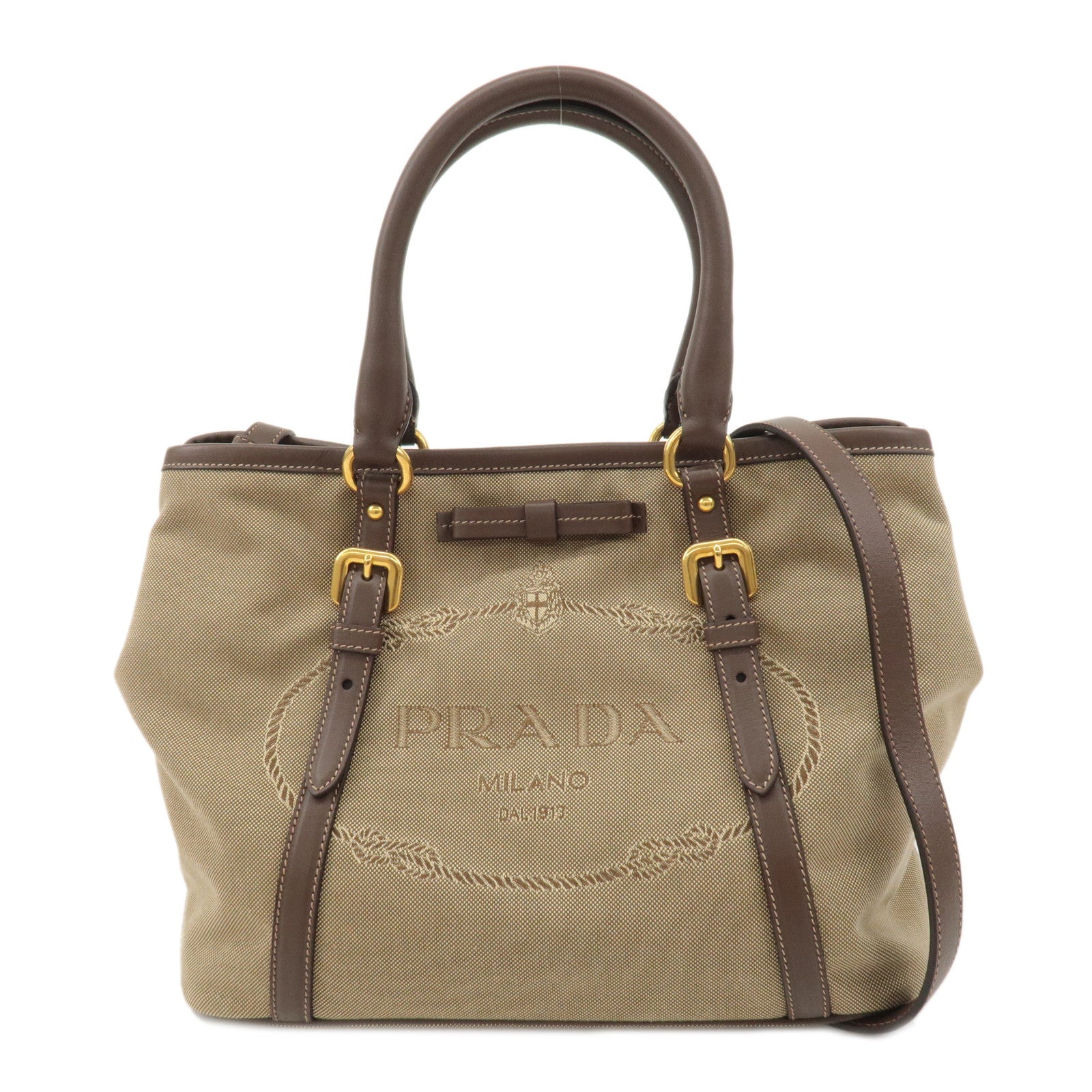 PRADA-Logo-Jacquard-Leather-2Way-Hand-Bag-Beige-Brown-BN1841