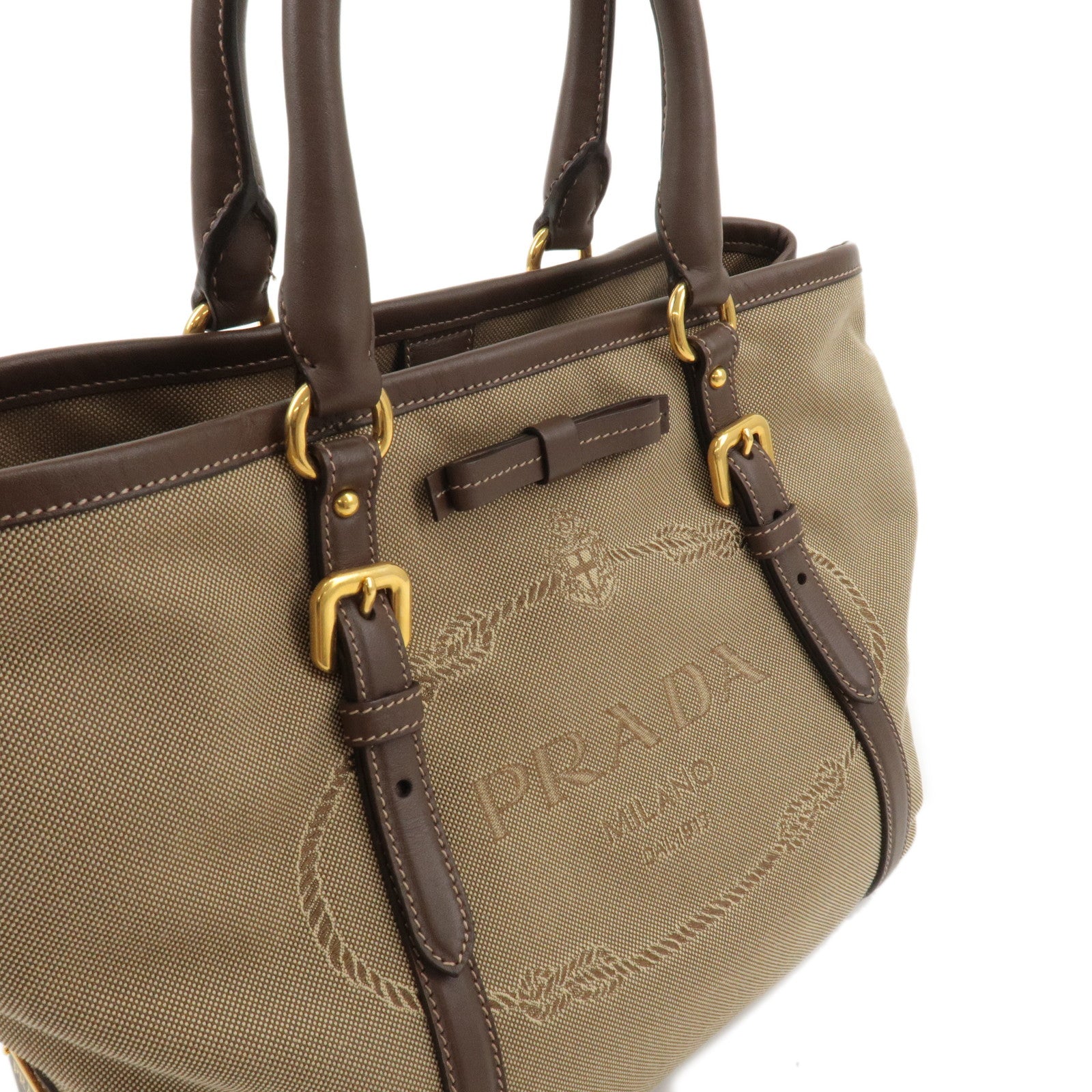 PRADA Logo Jacquard Leather 2Way Hand Bag Beige Brown BN1841