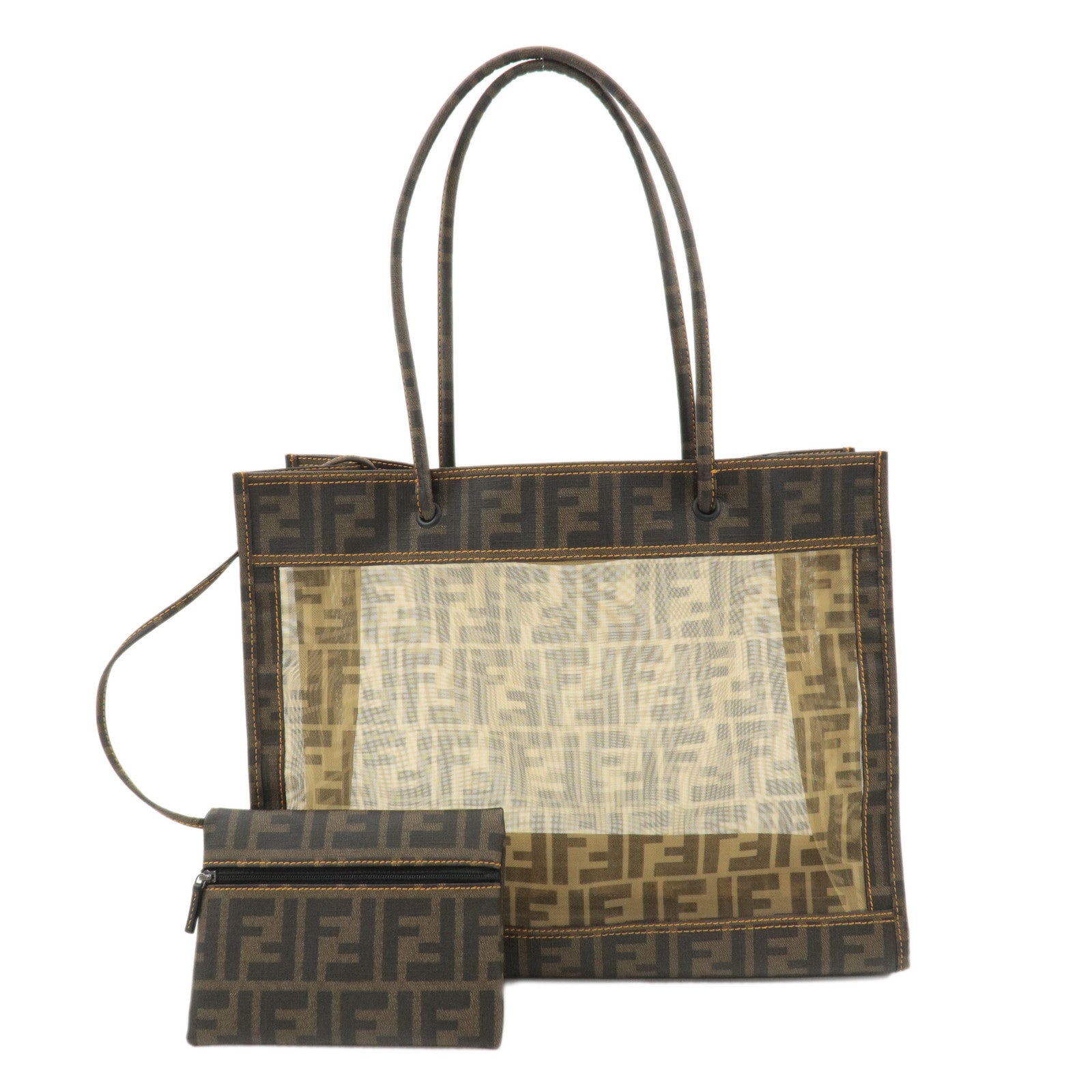 FENDI-Zucca-Mesh-PVC-Tote-Bag-Hand-Bag-Brown-Black-8BH183