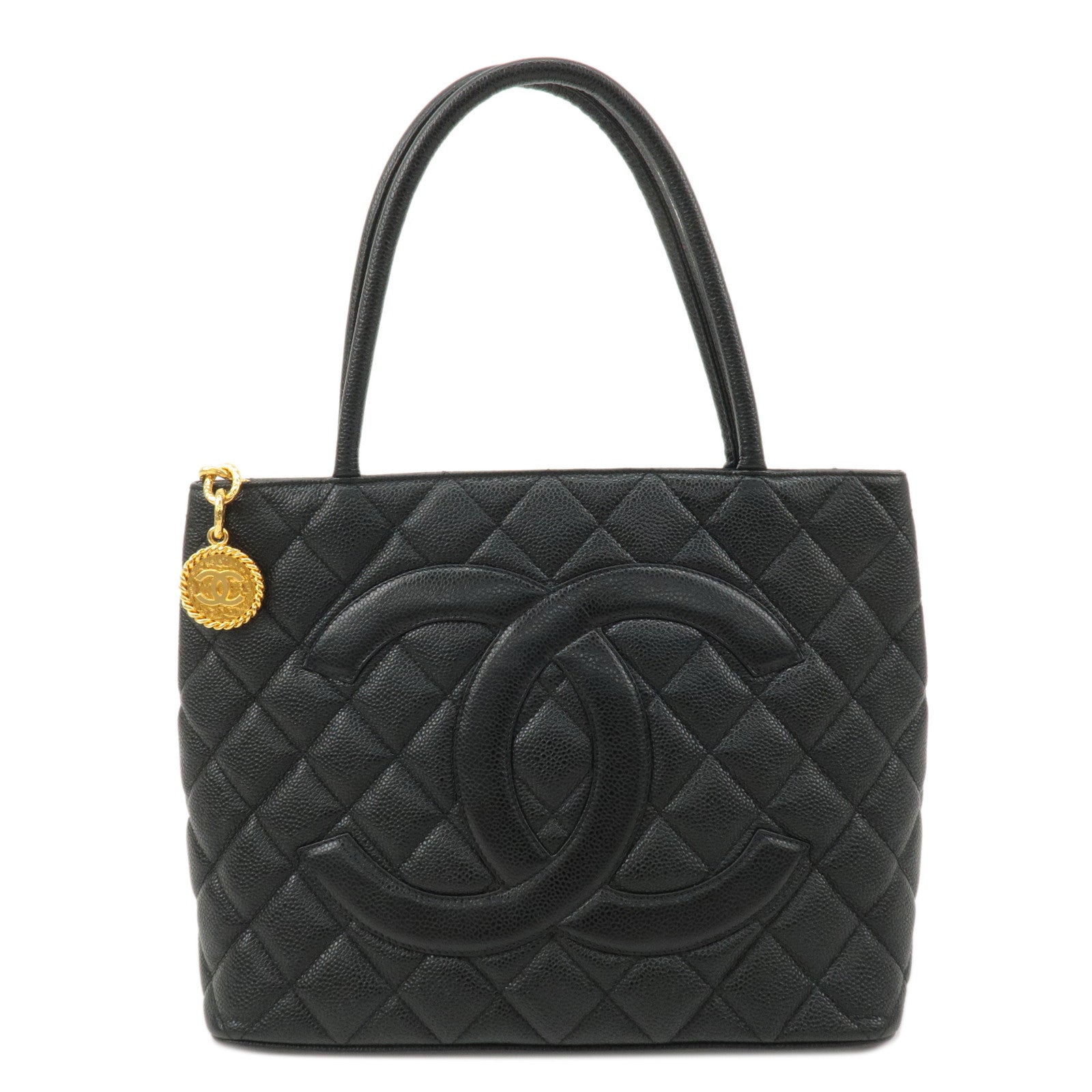 CHANEL-Caviar-Skin-Matelasse-Tote-Bag-Hand-Bag-Black-A01804