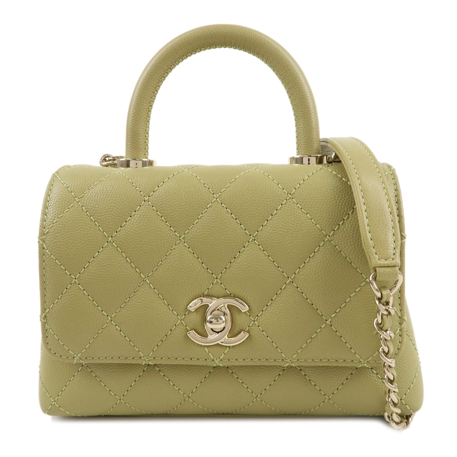 CHANEL-Matelasse-Caviar-Skin-COCO-Handle-2Way-Bag-Green-AS2215