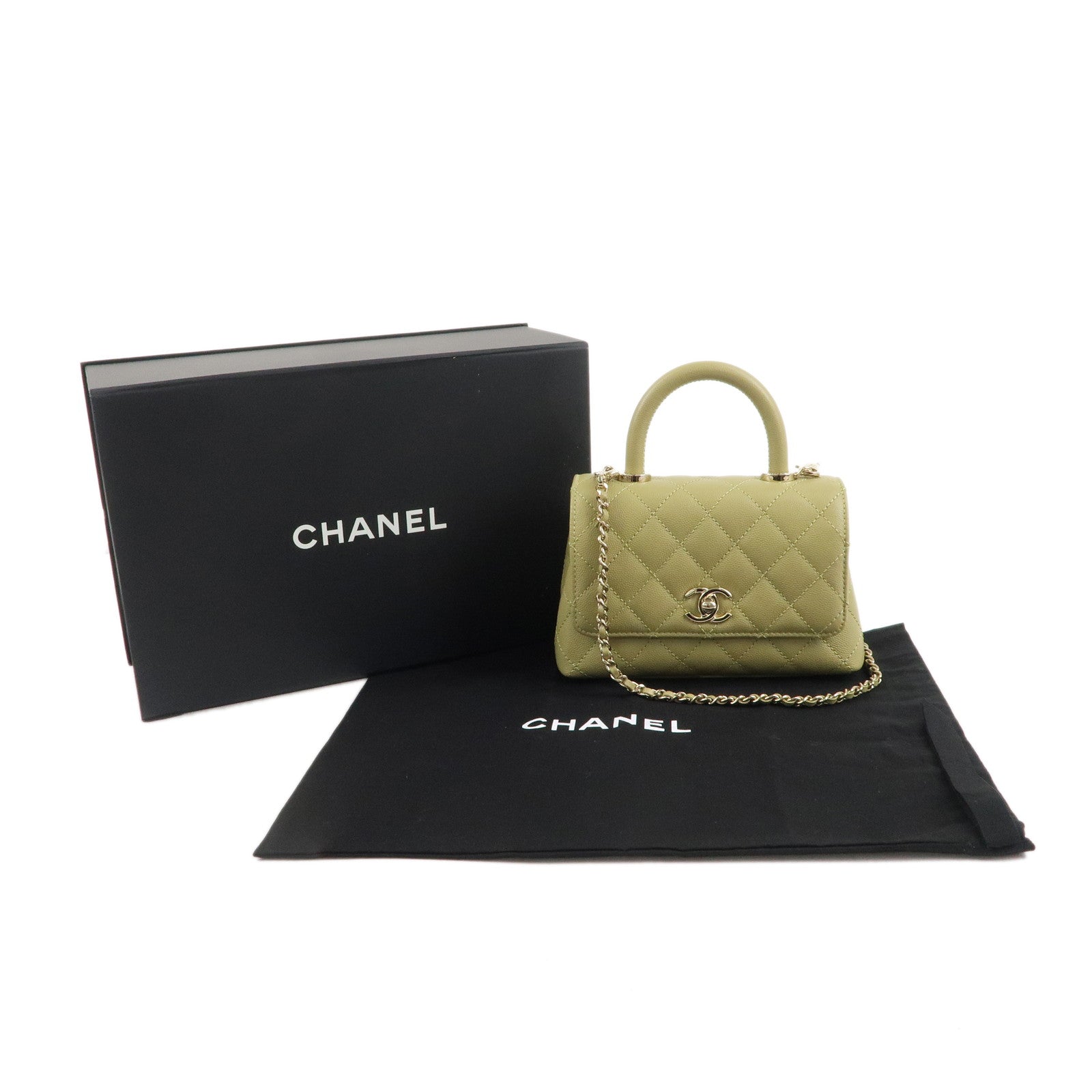 CHANEL Matelasse Caviar Skin COCO Handle 2Way Bag Green AS2215