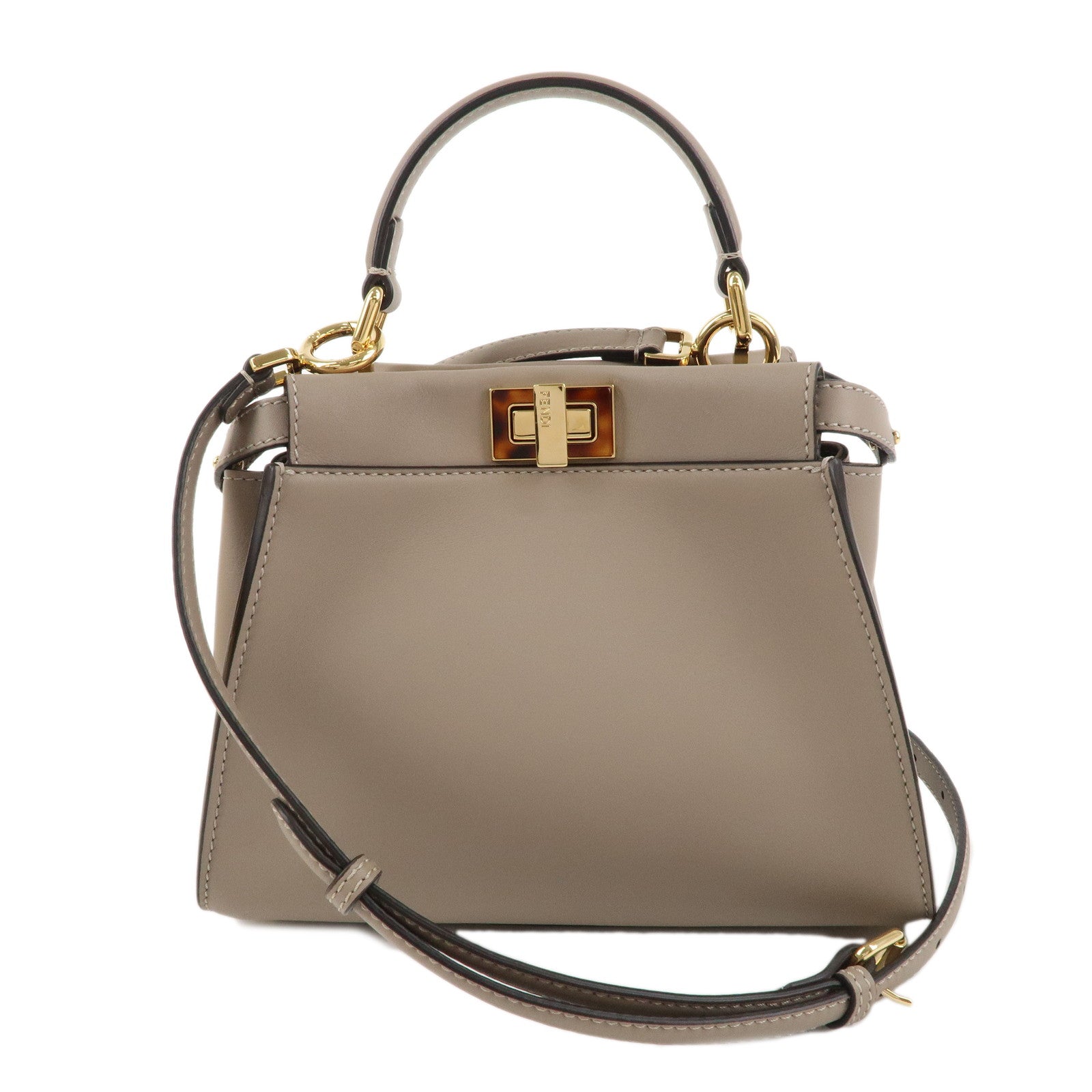 FENDI-Mini-Peekaboo-Leather-2-Way-Hand-Bag-Greige-8BN244