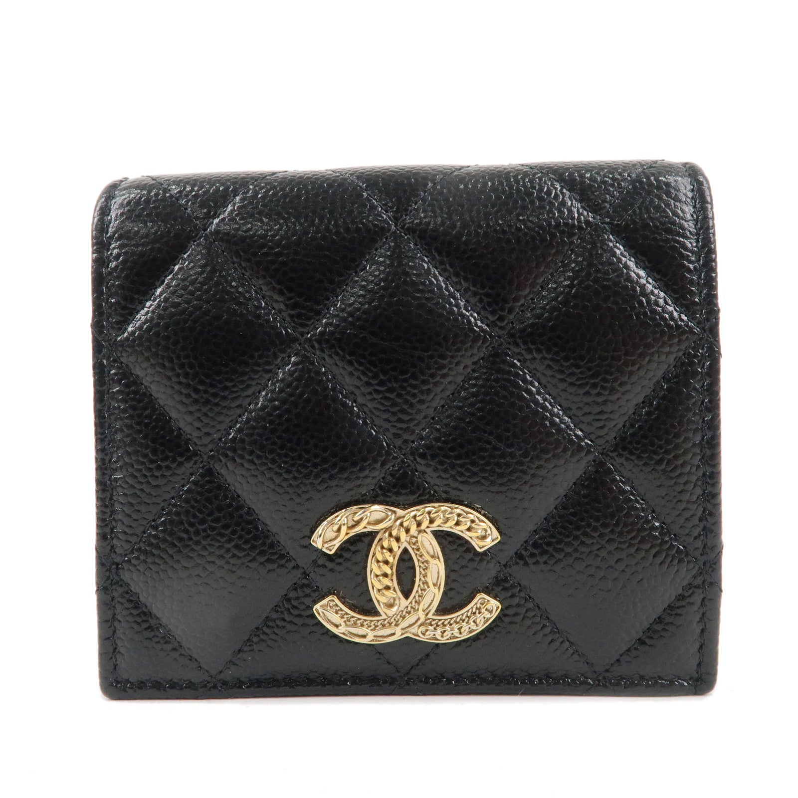 CHANEL-Matelasse-Caviar-Skin-Bi-fold-Wallet-Black-Gold-Hardware