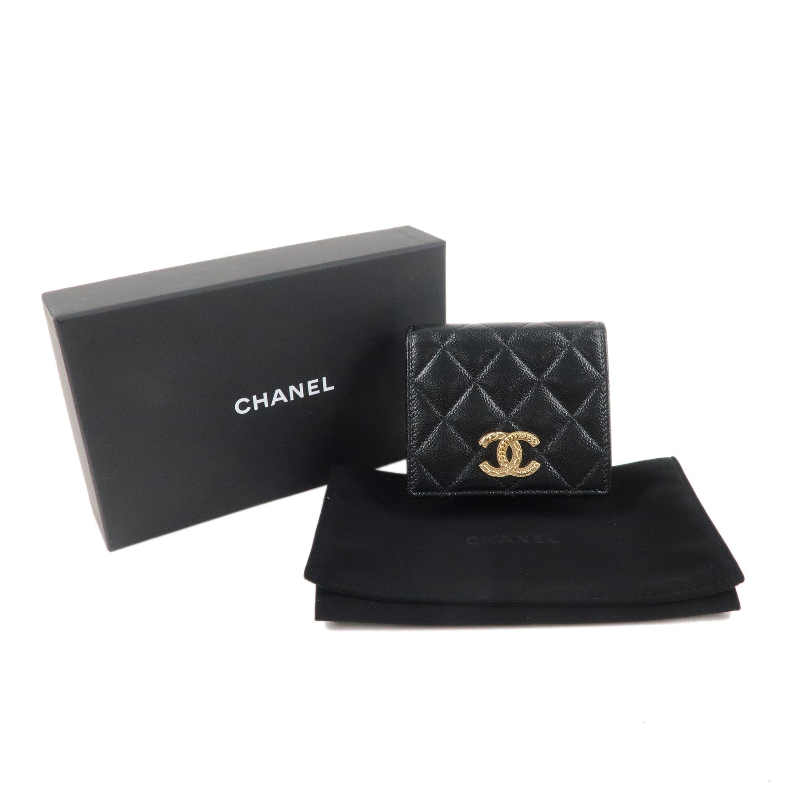 CHANEL Matelasse Caviar Skin Bi-fold Wallet Black Gold Hardware