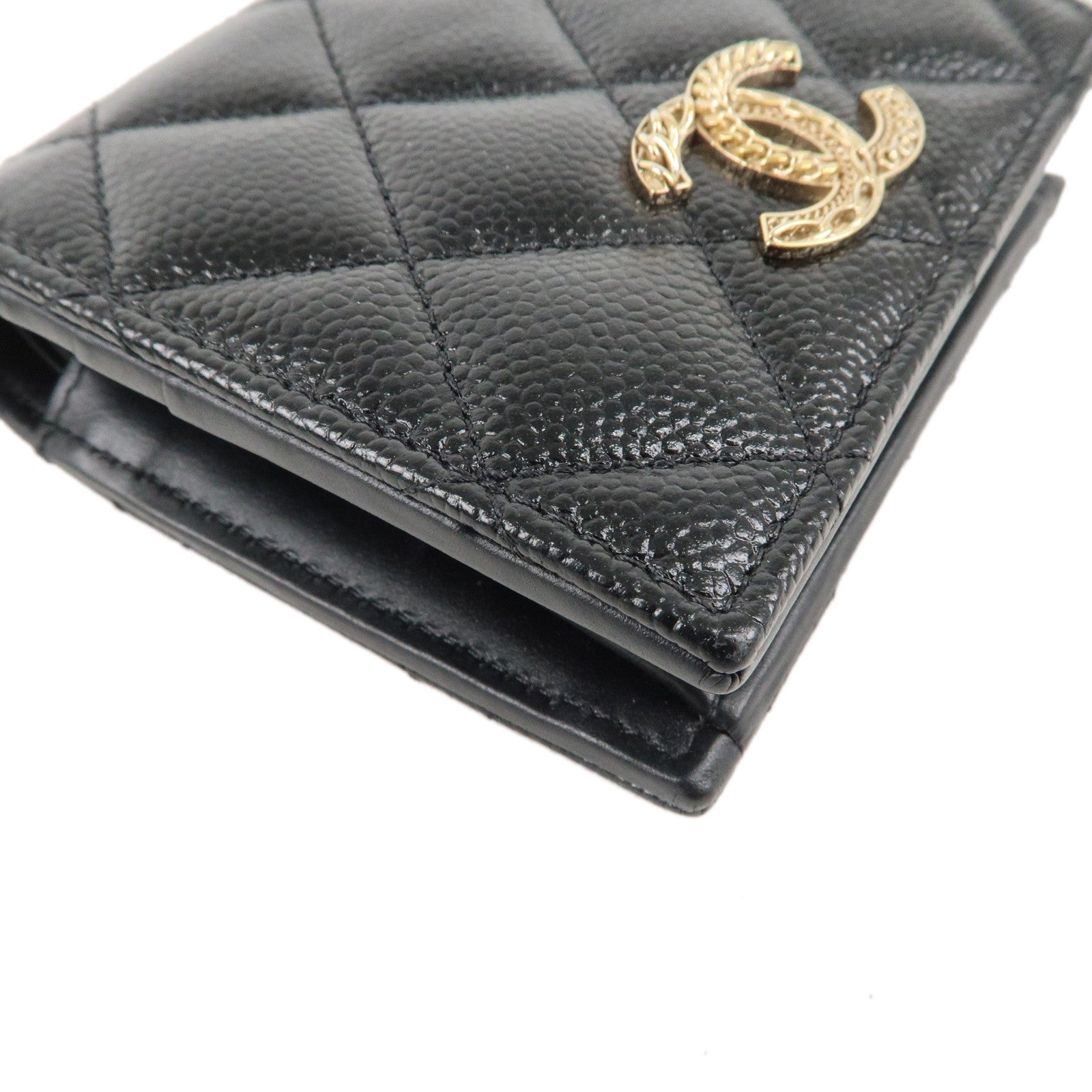 CHANEL Matelasse Caviar Skin Bi-fold Wallet Black Gold Hardware