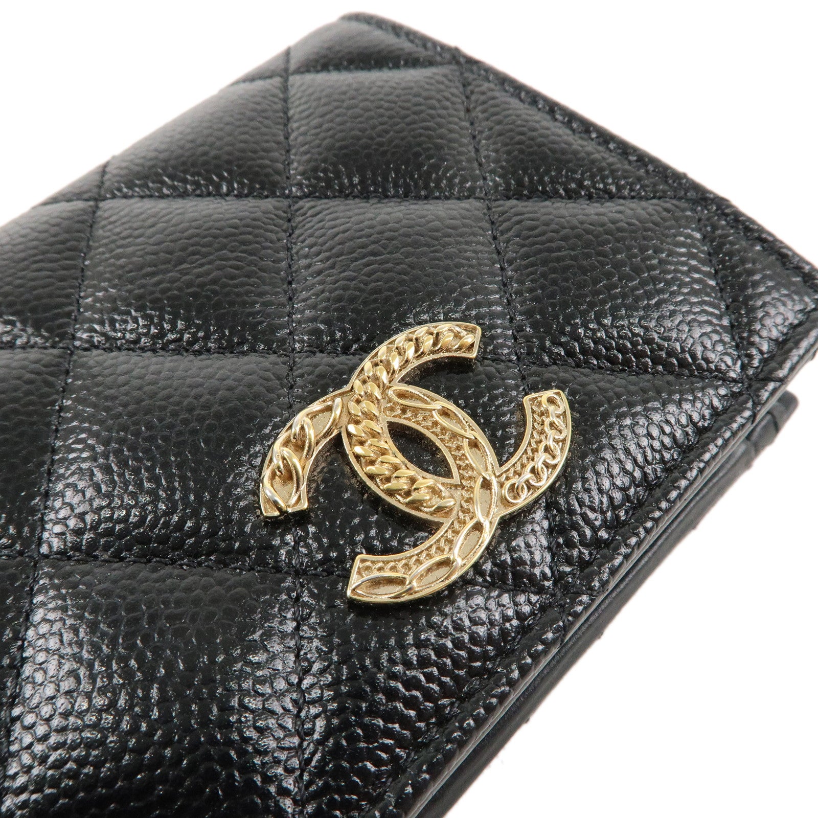 CHANEL Matelasse Caviar Skin Bi-fold Wallet Black Gold Hardware