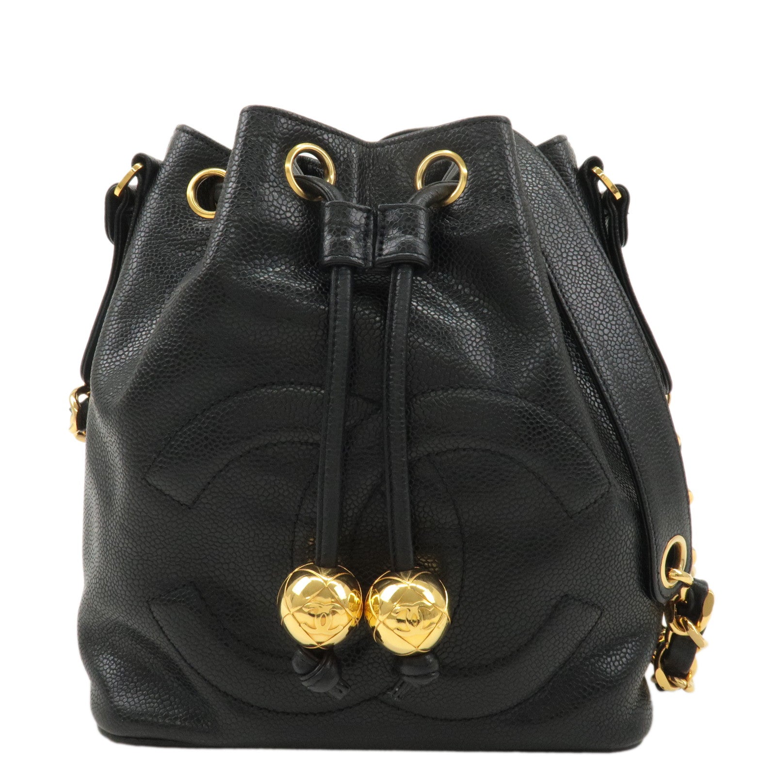 CHANEL-Caviar-Skin-Drawstring-Chain-Shoulder-Bag-Black