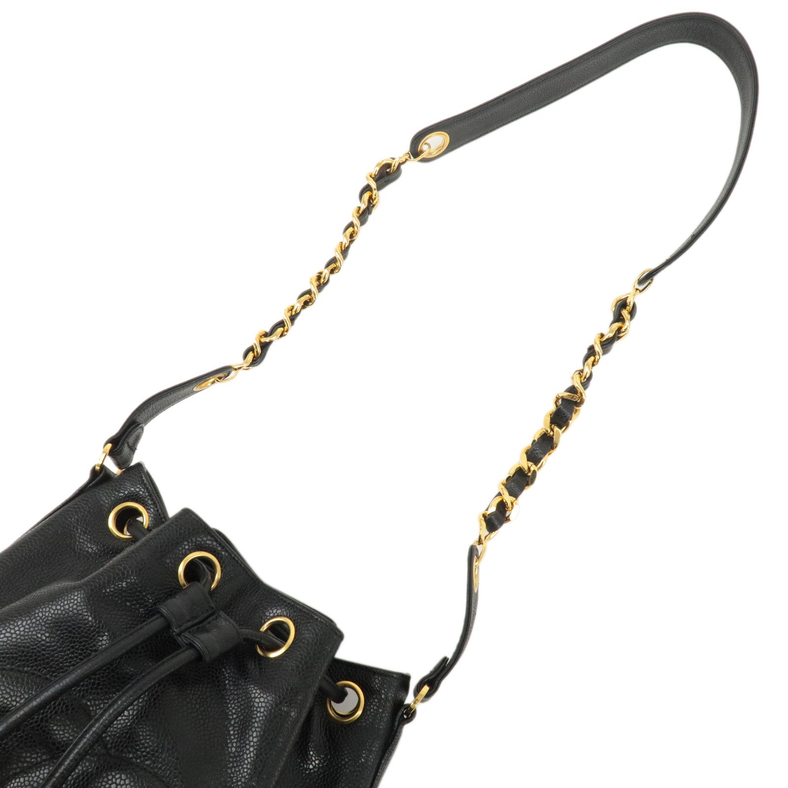 CHANEL Caviar Skin Drawstring Chain Shoulder Bag Black