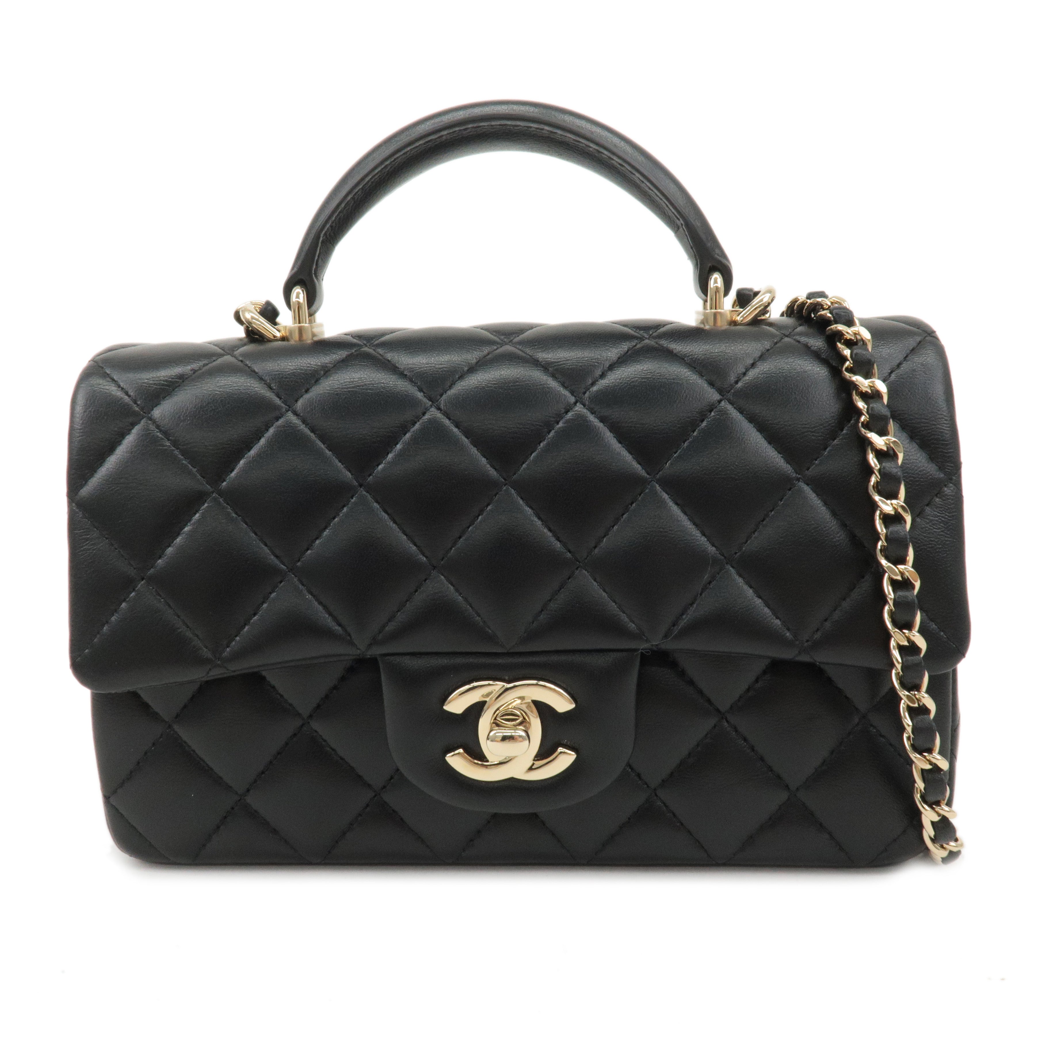 CHANEL-Matelasse-Lamb-Skin-Top-Handle-Mini-Flap-2way-Bag-Black