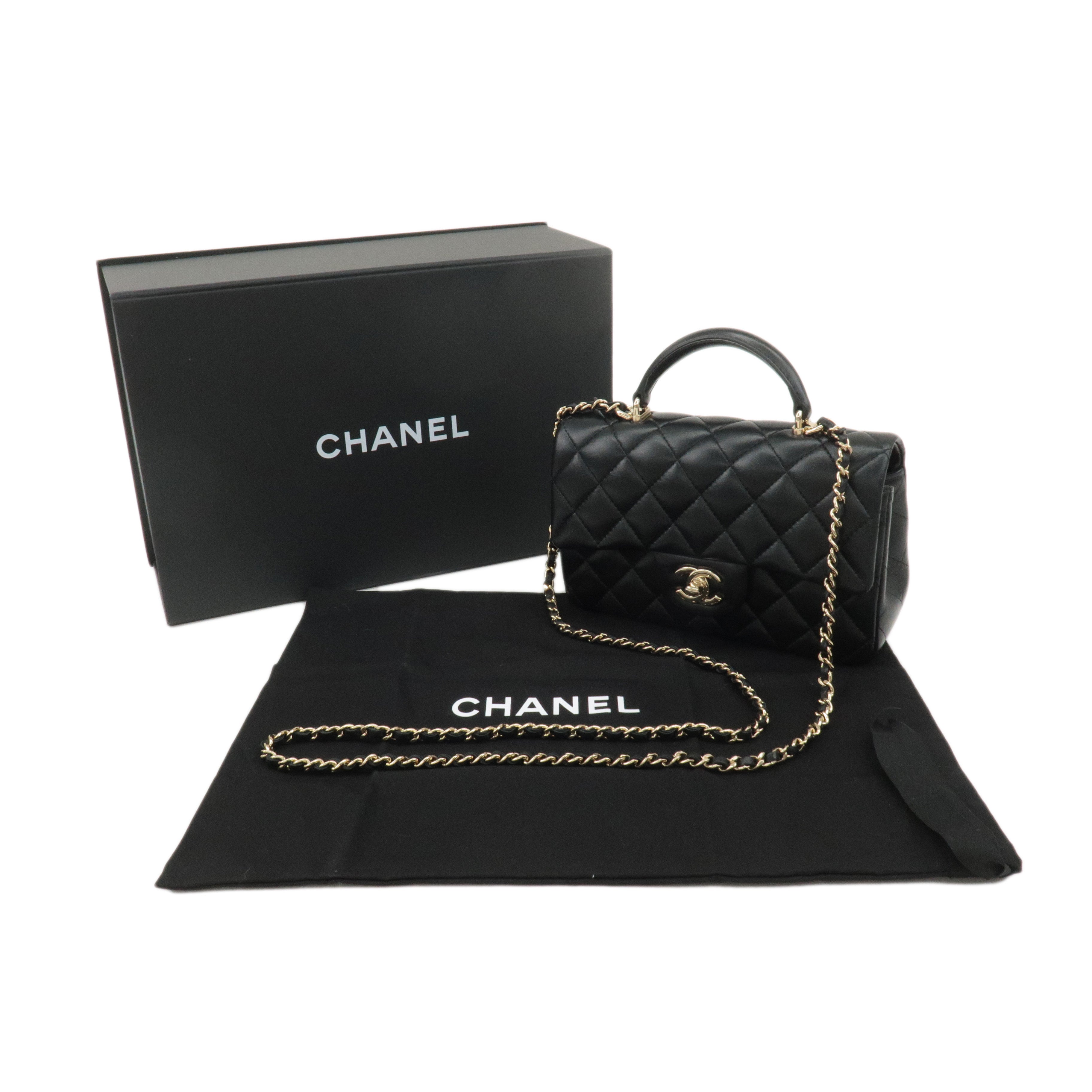 CHANEL Matelasse Lamb Skin Top Handle Mini Flap 2way Bag Black