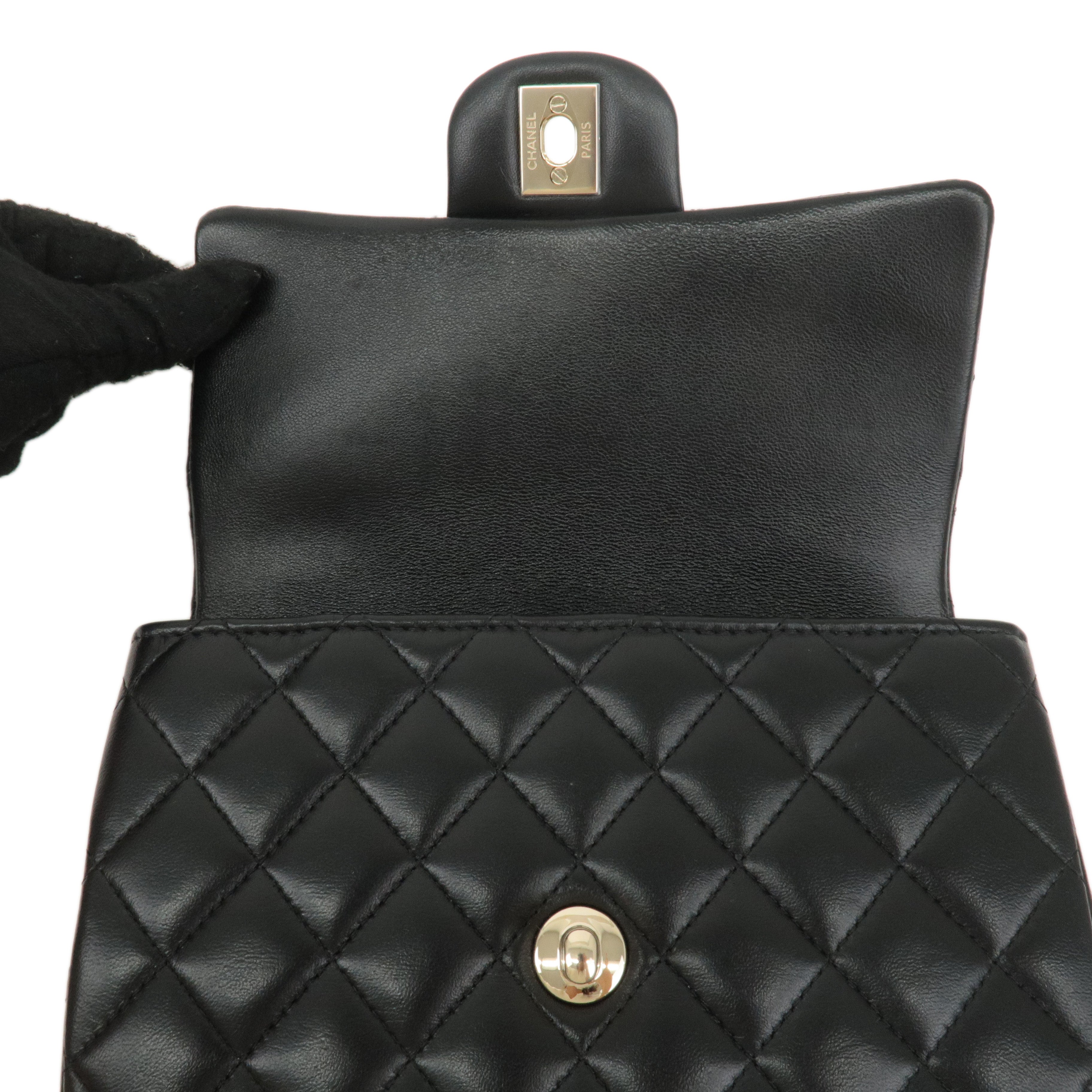 CHANEL Matelasse Lamb Skin Top Handle Mini Flap 2way Bag Black