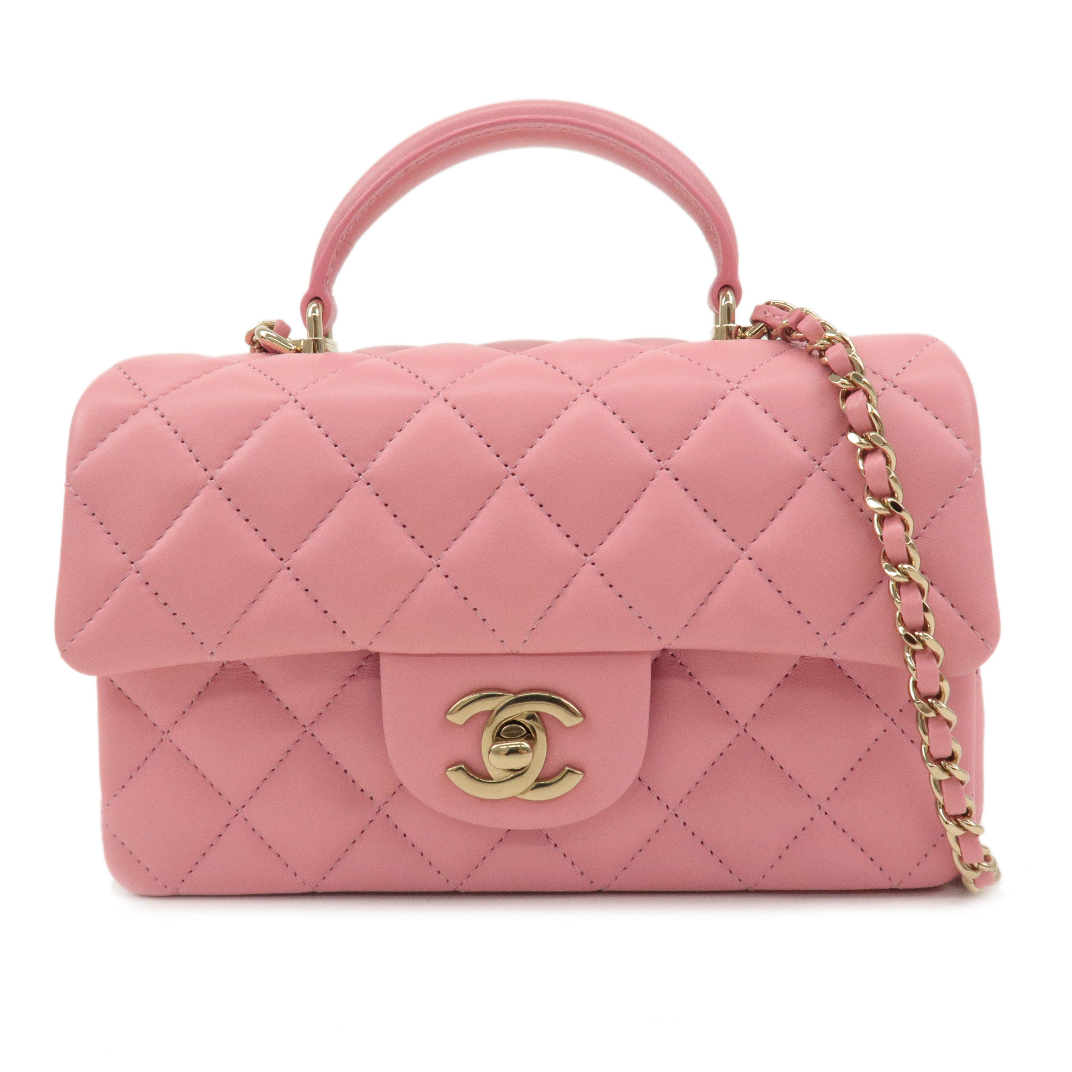 CHANEL-Matelasse-Lamb-Skin-Top-Handle-Mini-Flap-2way-Bag-Pink