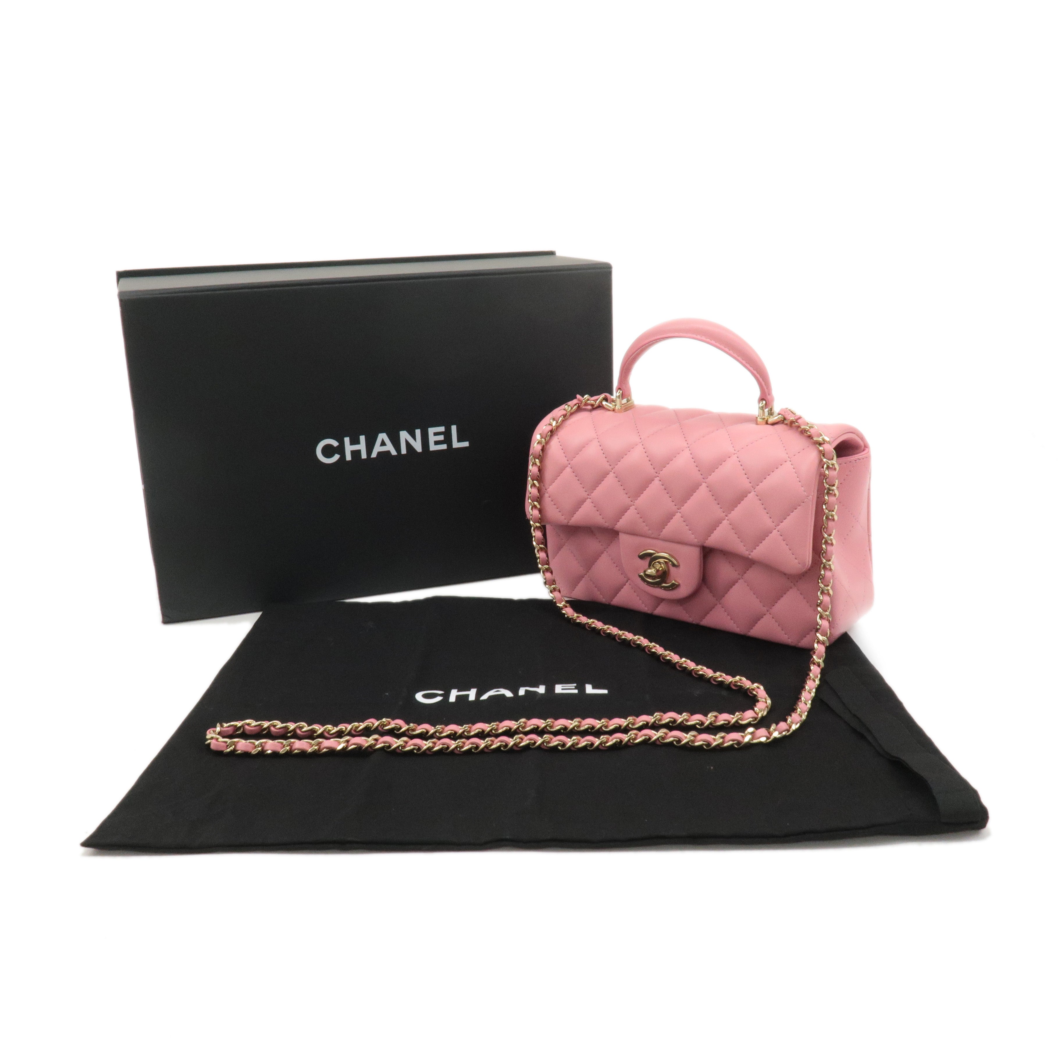 CHANEL Matelasse Lamb Skin Top Handle Mini Flap 2way Bag Pink