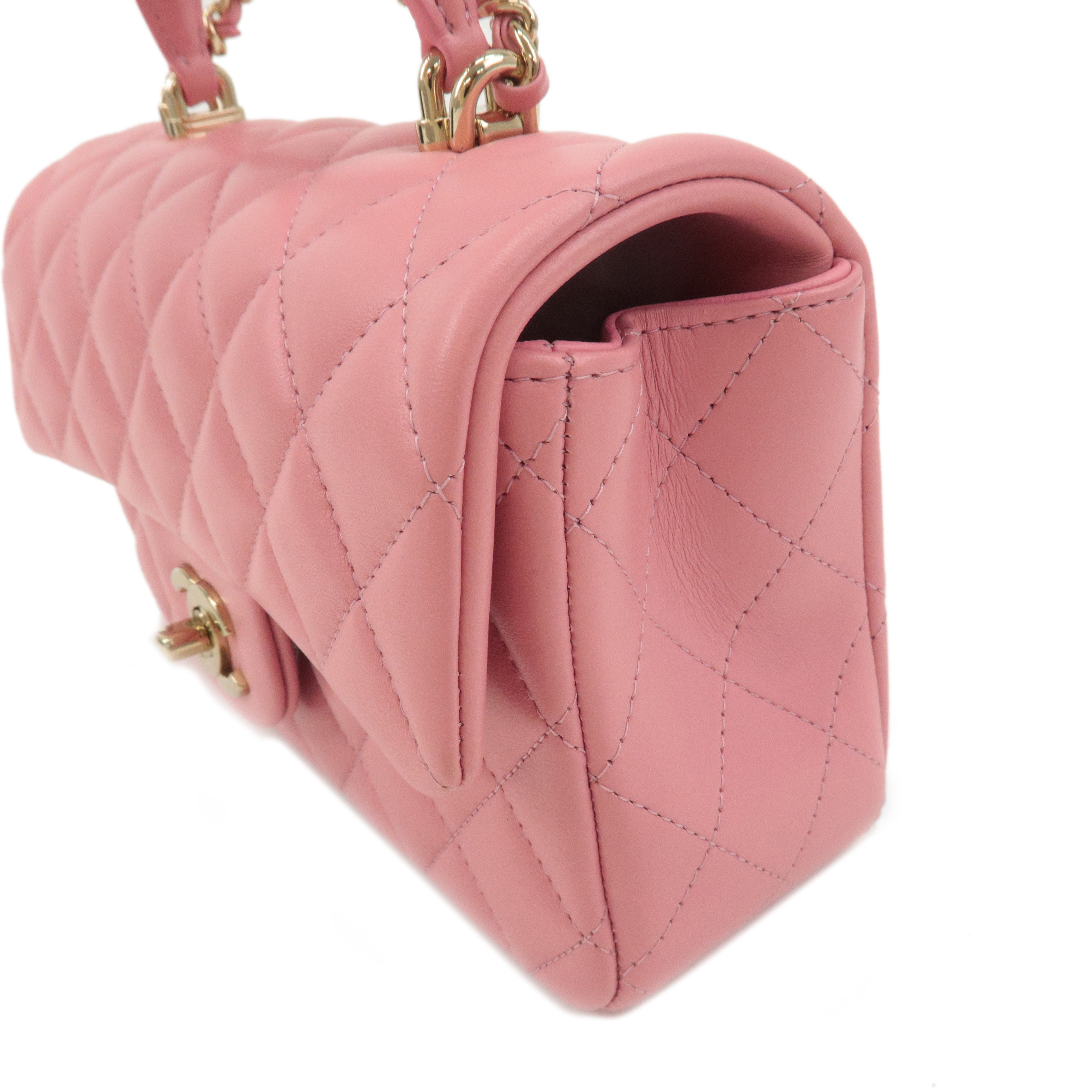 CHANEL Matelasse Lamb Skin Top Handle Mini Flap 2way Bag Pink