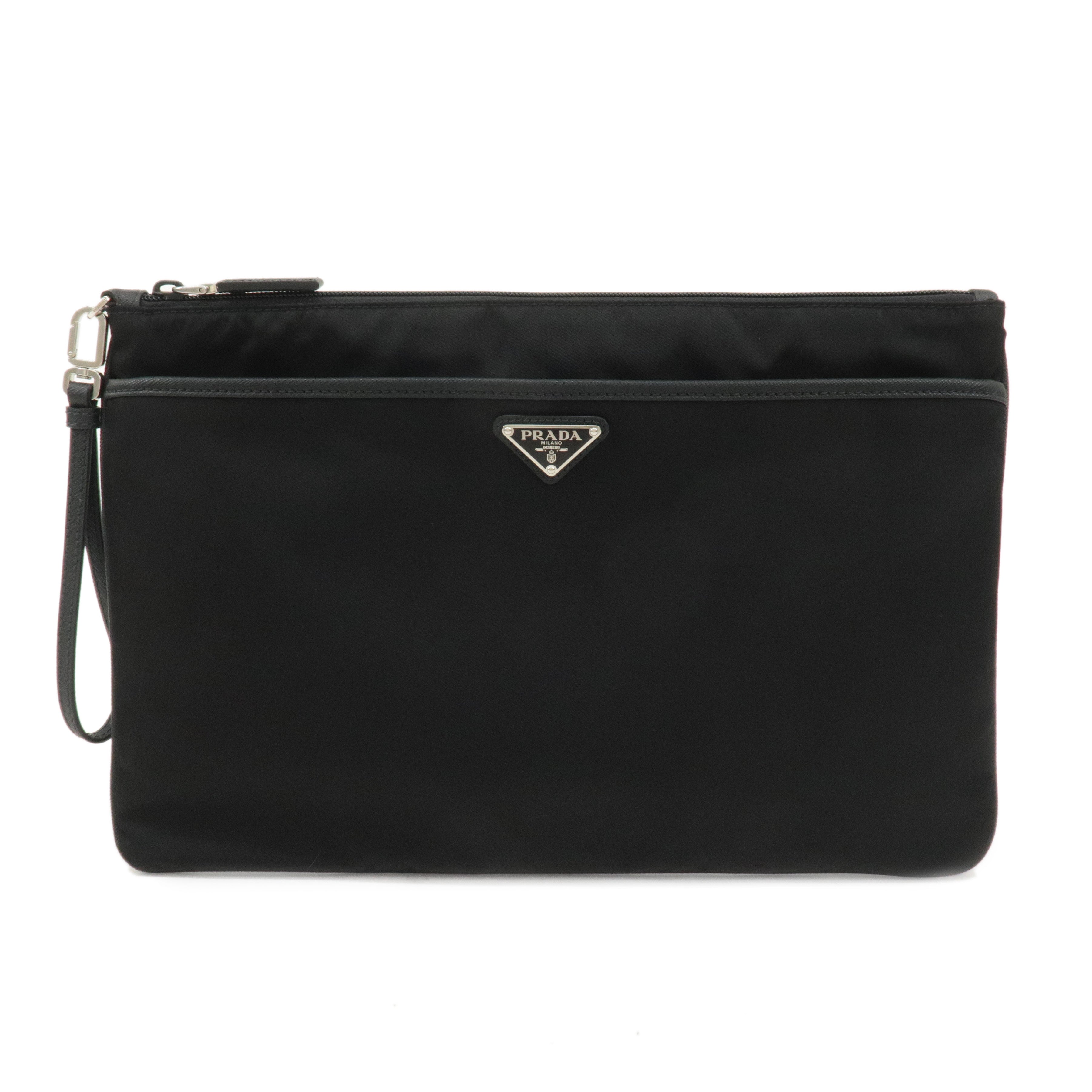 PRADA-Logo-Saffiano-Nylon-Leather-Clutch-Bag-Black-2VN012