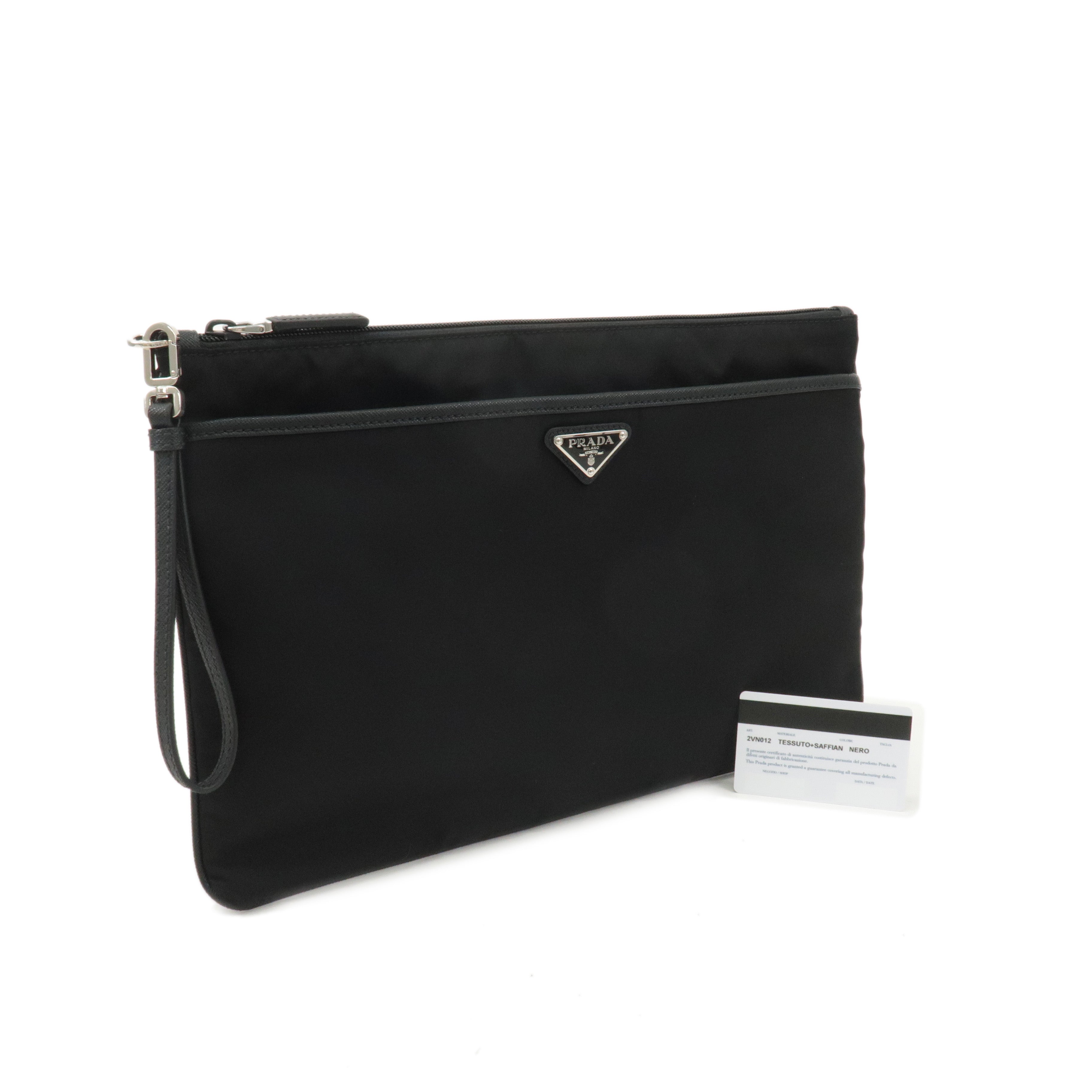 PRADA Logo Saffiano Nylon Leather Clutch Bag Black 2VN012