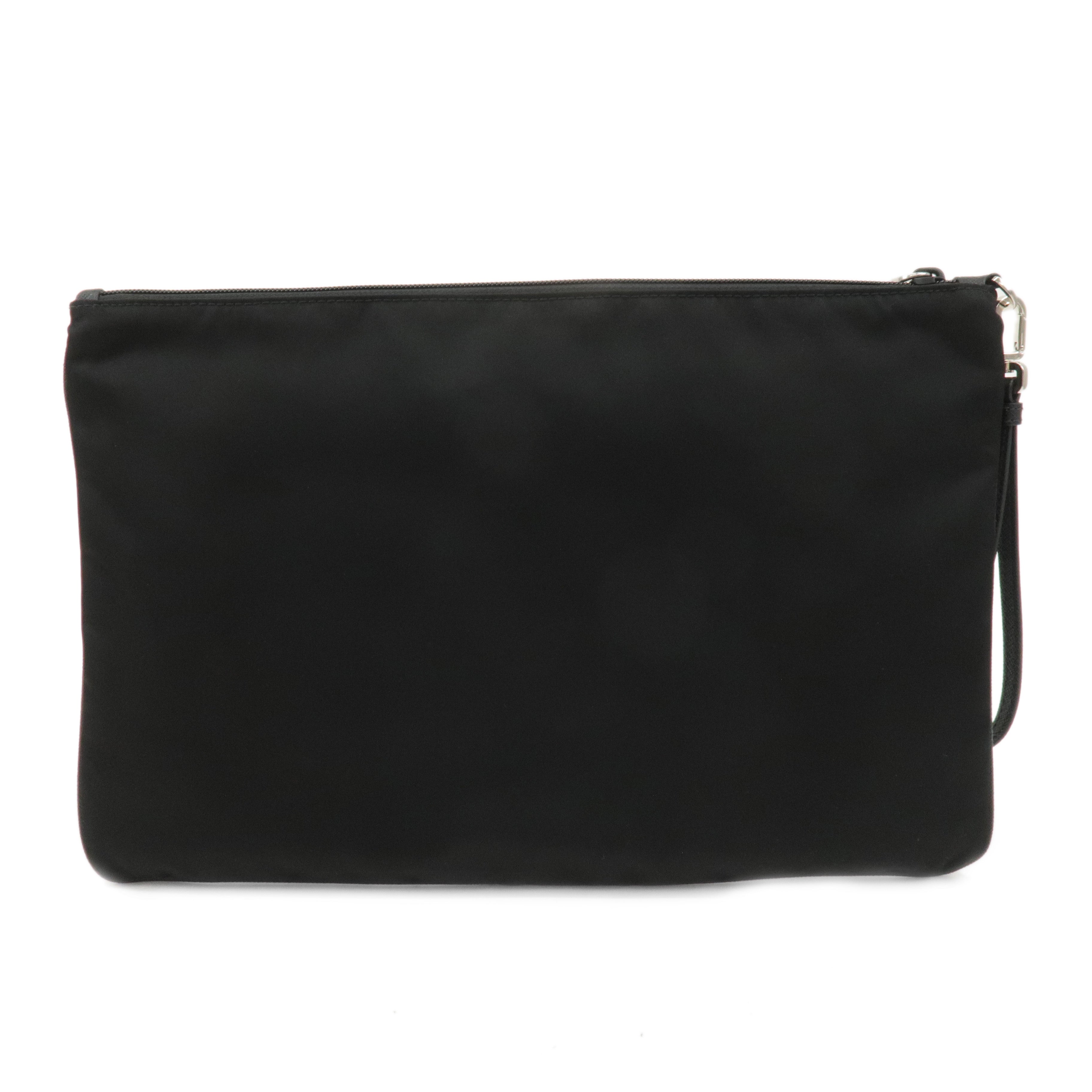 PRADA Logo Saffiano Nylon Leather Clutch Bag Black 2VN012