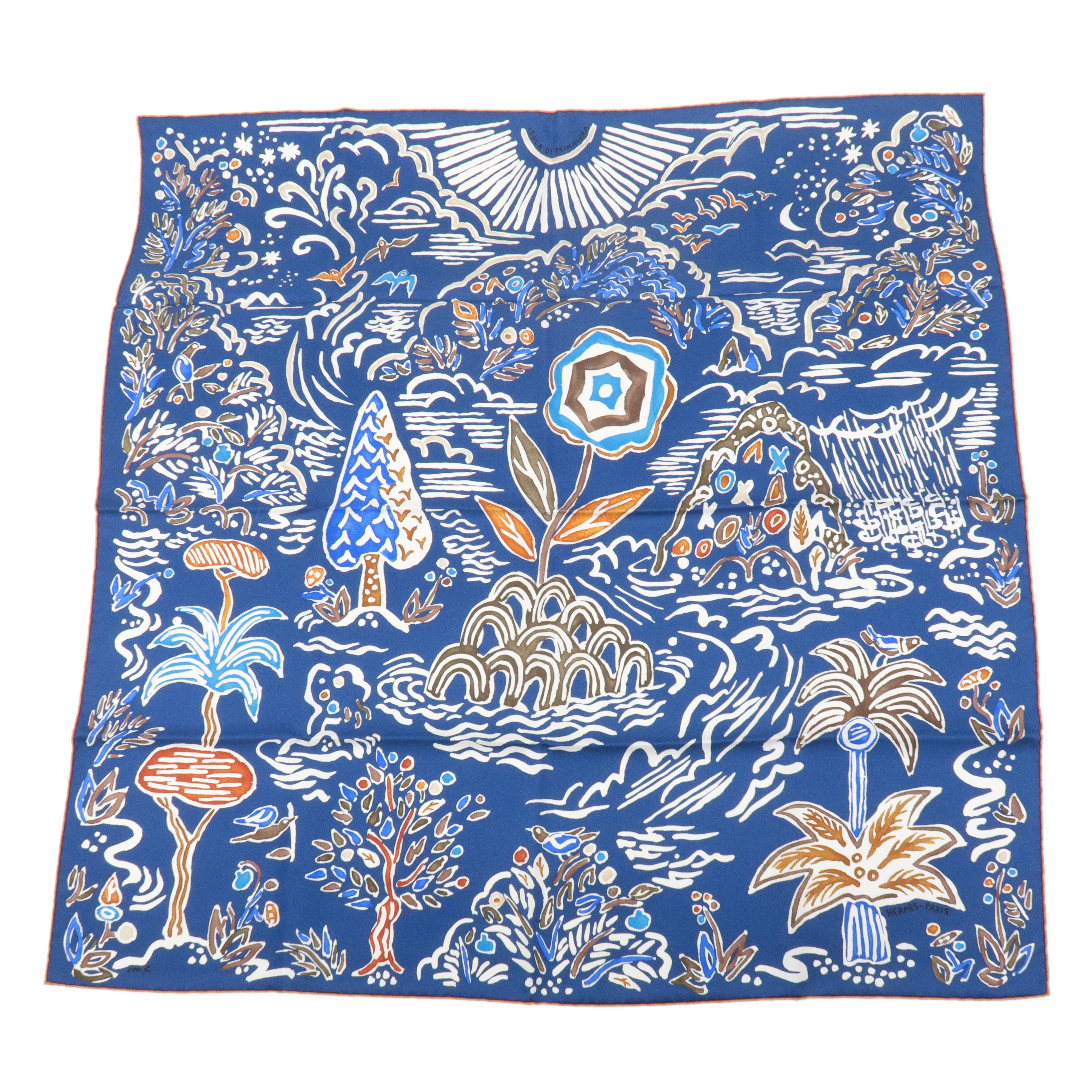 HERMES-100%-Silk-Carre-90-Scarf-ISOLA-DI-PRIMAVERA-Blue-White