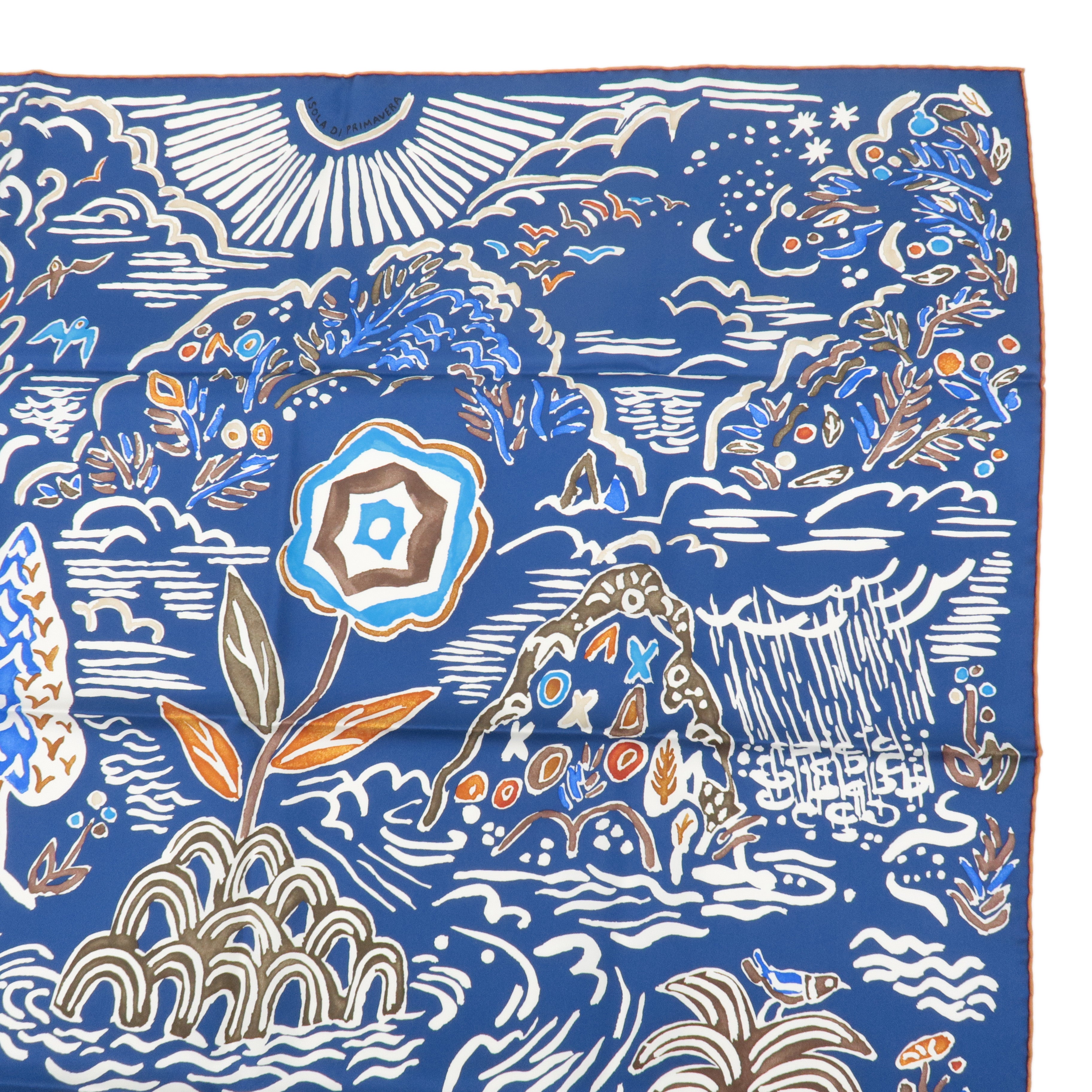 HERMES 100% Silk Carre 90 Scarf ISOLA DI PRIMAVERA Blue White