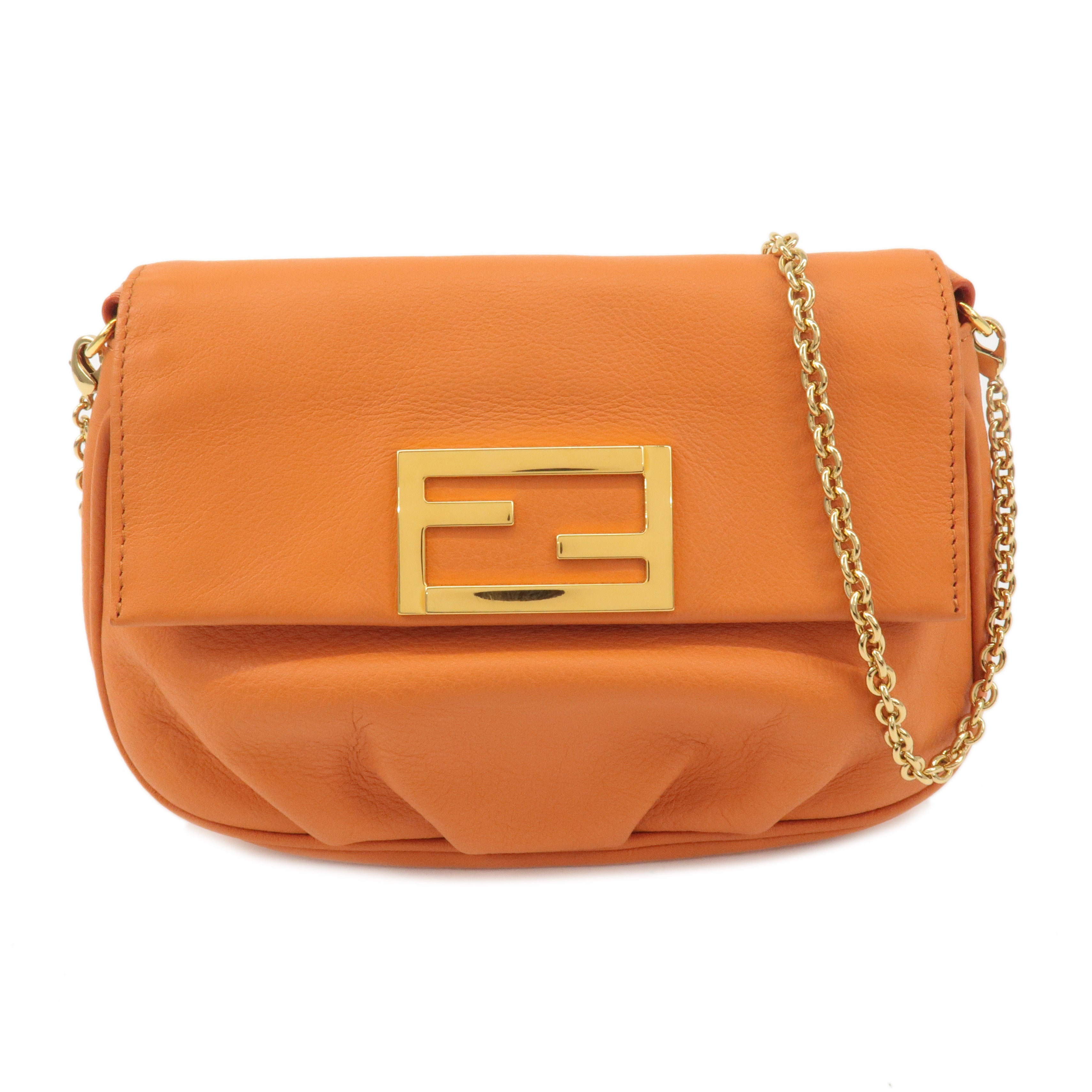 FENDI-Leather-Chain-2-Way-Shoulder-Bag-Purse-Orange-8M0276