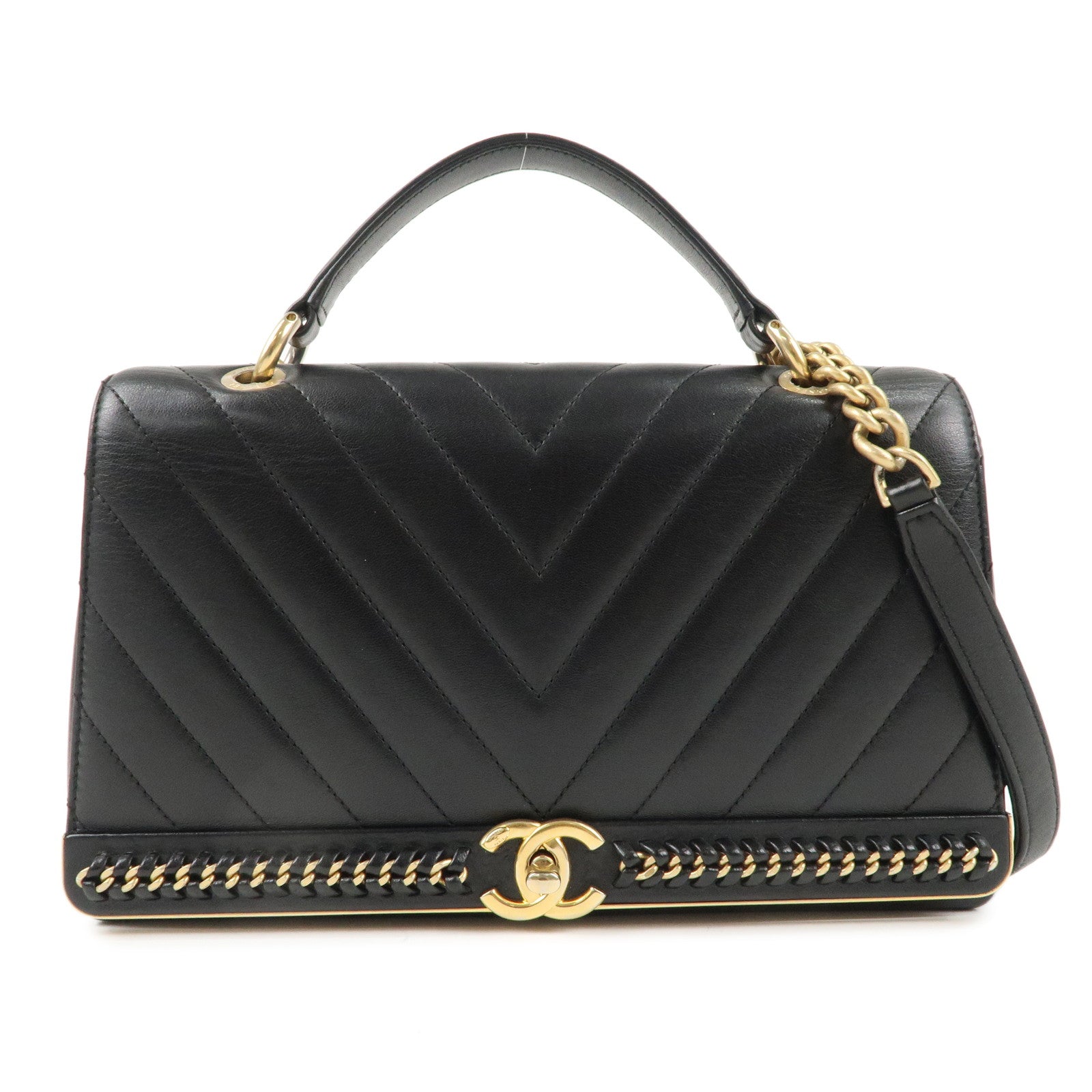 CHANEL-V-Stitch-Lamb-Skin-2Way-Chain-Shoulder-Bag-Black