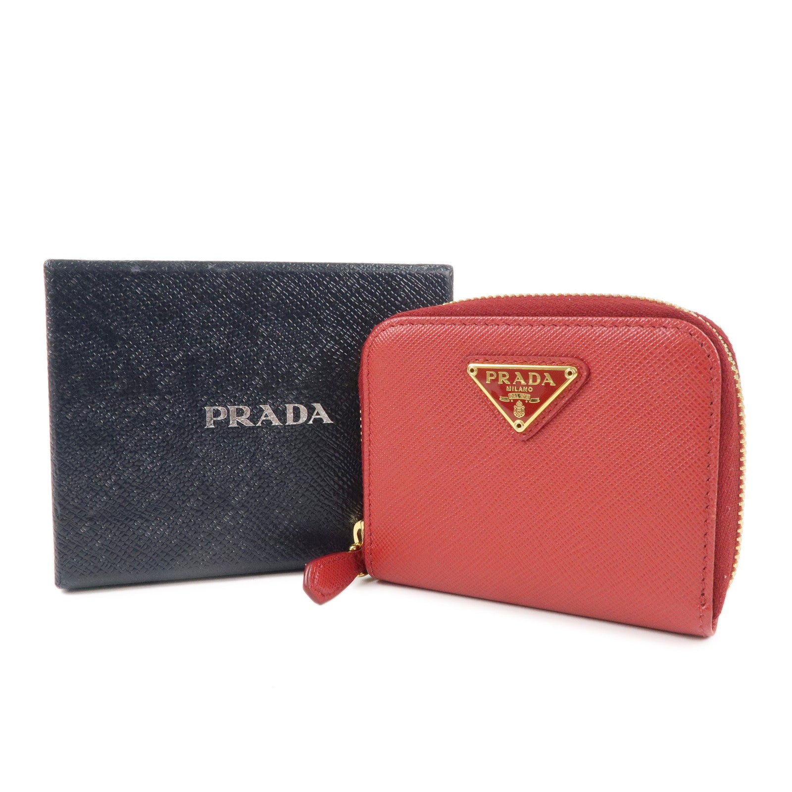 PRADA Saffiano Leather Round Zipper Coin Case Red