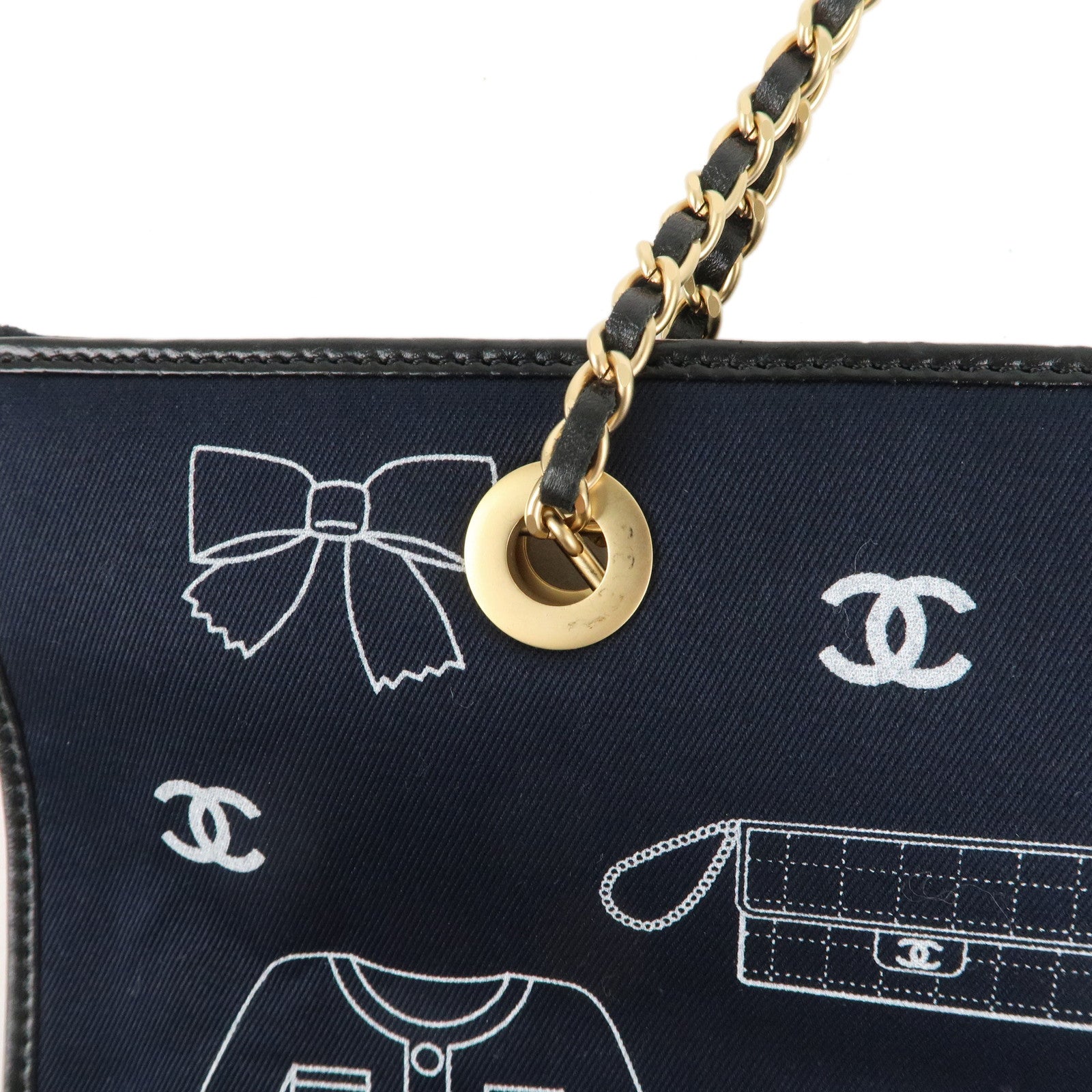 CHANEL Canvas Leather Iconic Chain Tote Bag Hand Bag Black