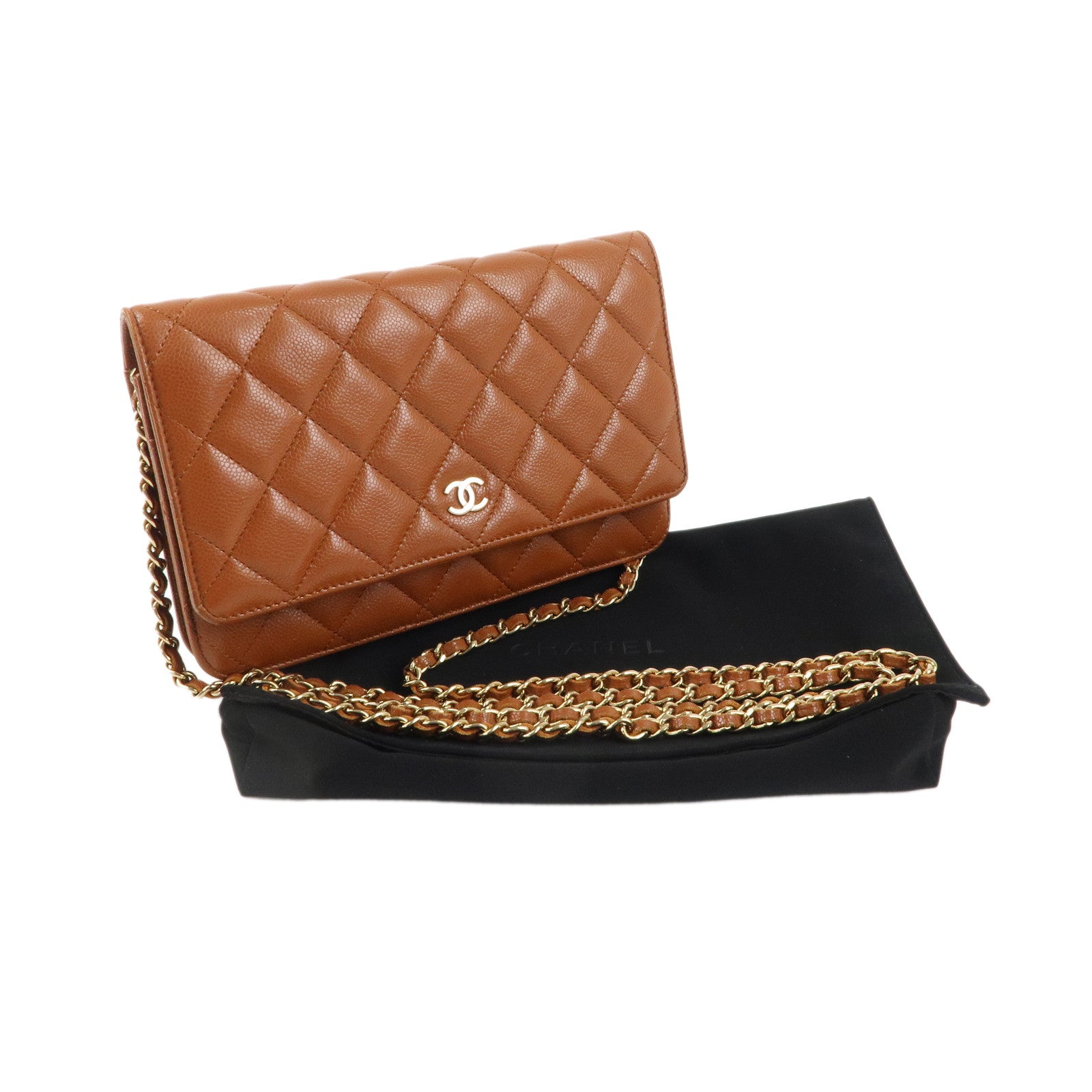 CHANEL Matelasse Cavier Skin Chain Wallet Brown Gold Hardware