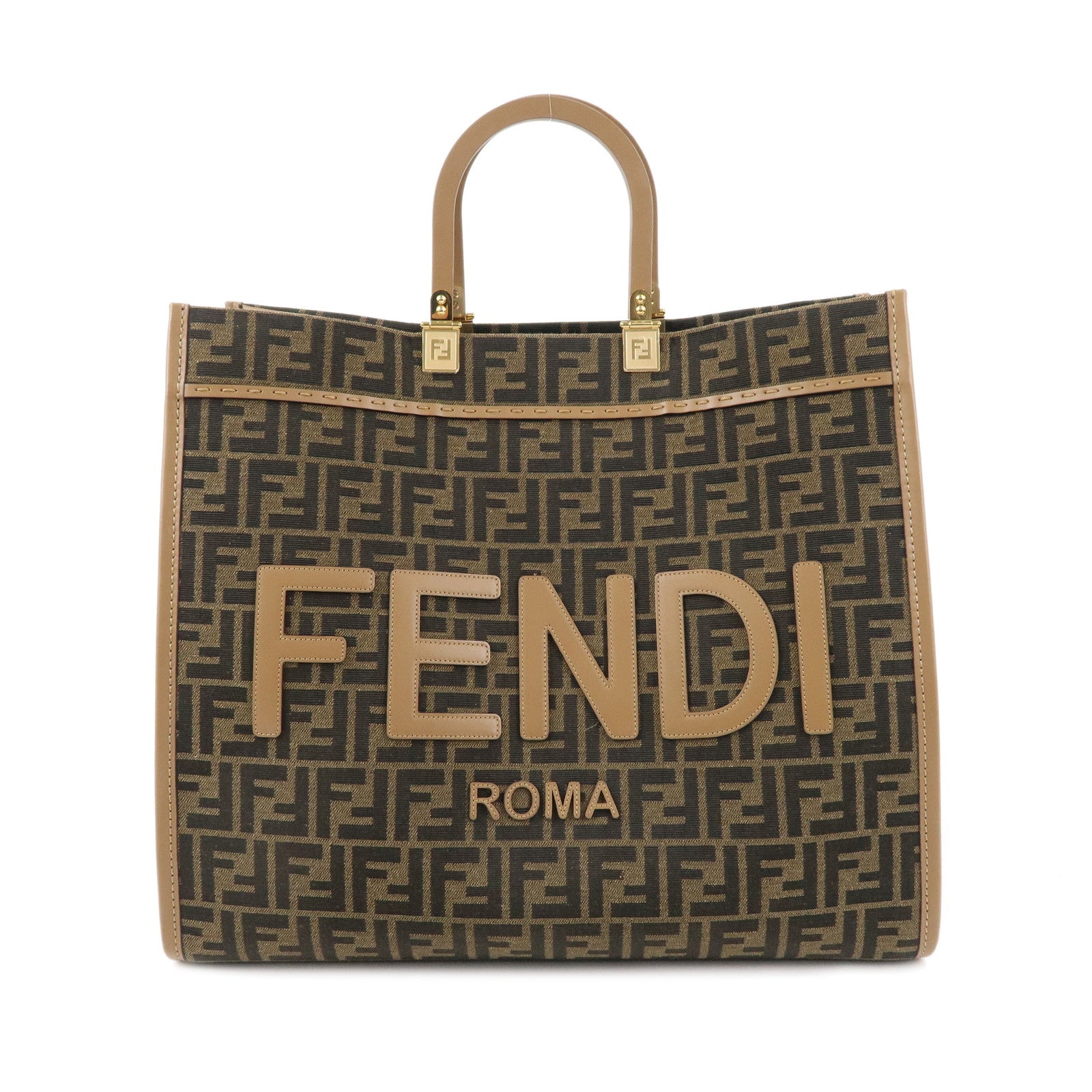 FENDI-Zucca-Canvas-Leather-Sunshine-Tote-Bag-Khaki-Beige-8BH372