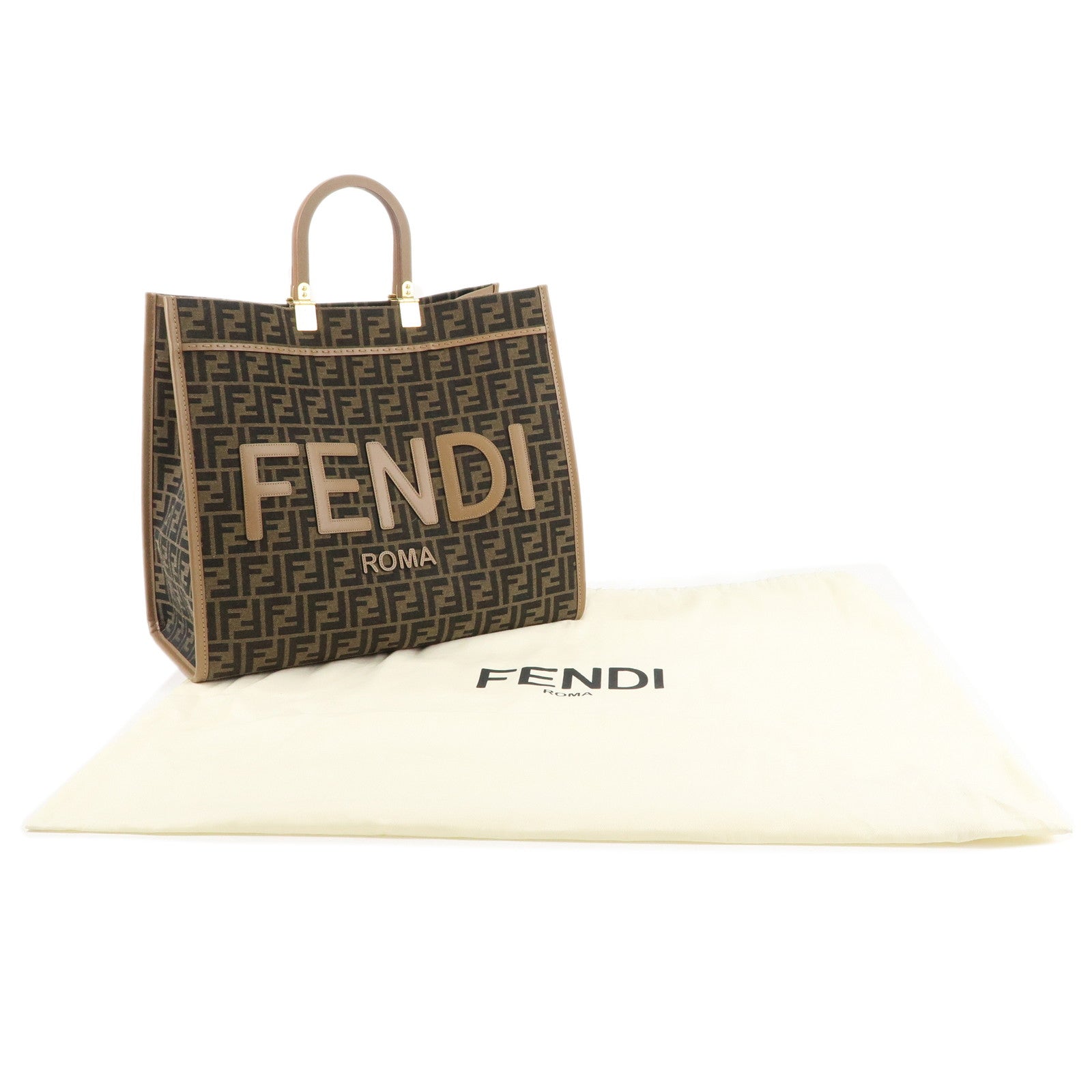 FENDI Zucca Canvas Leather Sunshine Tote Bag Khaki Beige 8BH372