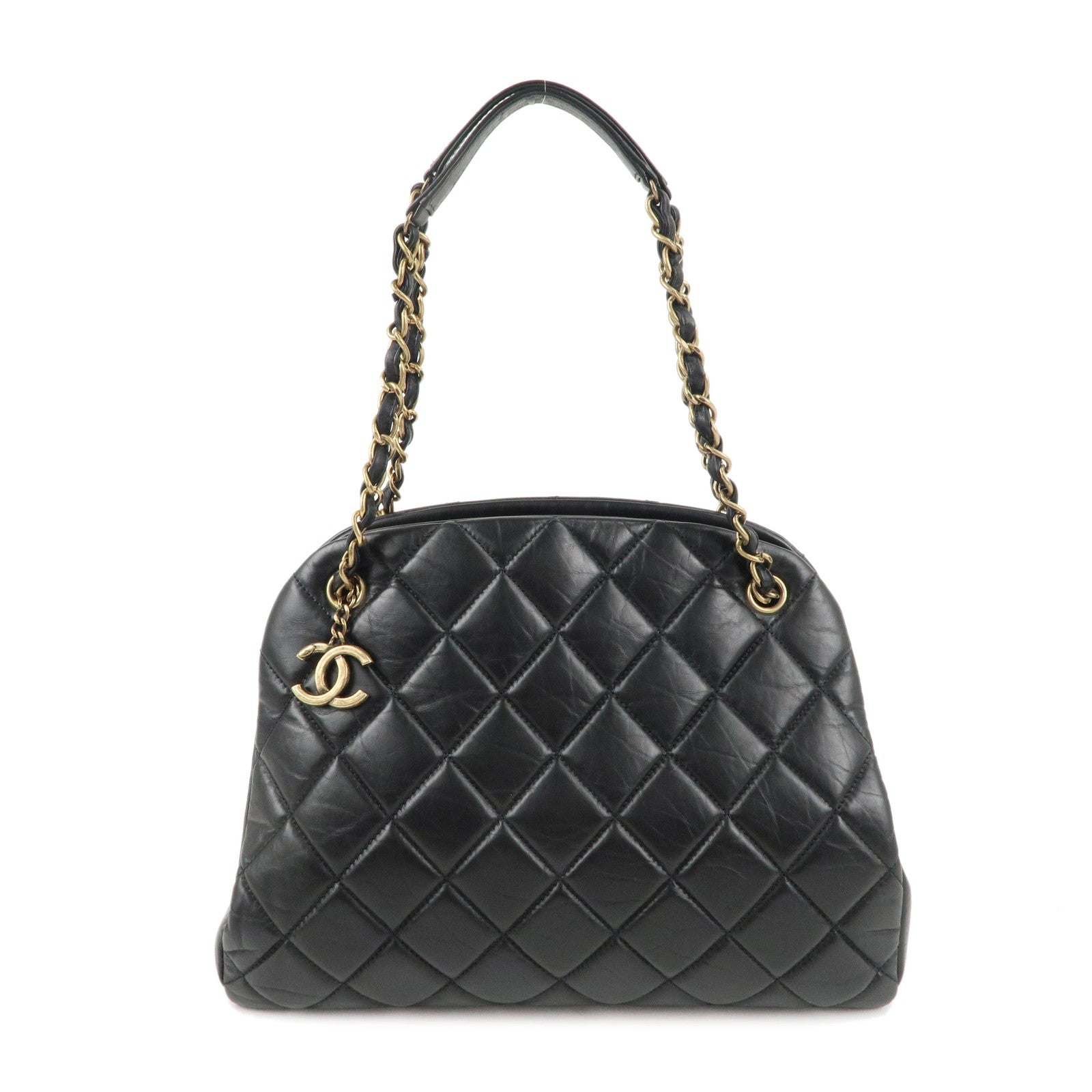 CHANEL-Matelasse-Lamb-Skin-Chain-Tote-Bag-Hand-Bag-Black