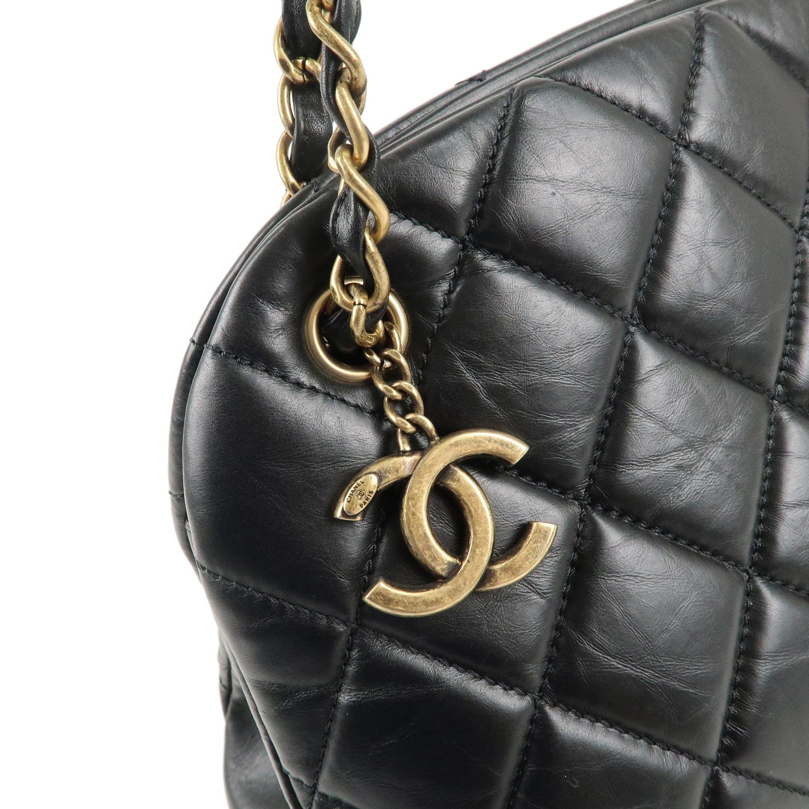 CHANEL Matelasse Lamb Skin Chain Tote Bag Hand Bag Black