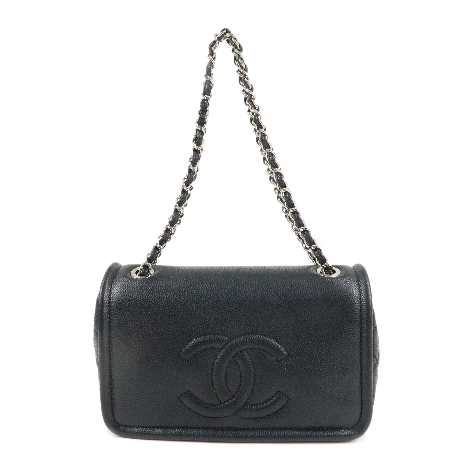 CHANEL-Matelasse-Caviar-Skin-Chain-Shoulder-Bag-Black-Silver-HDW