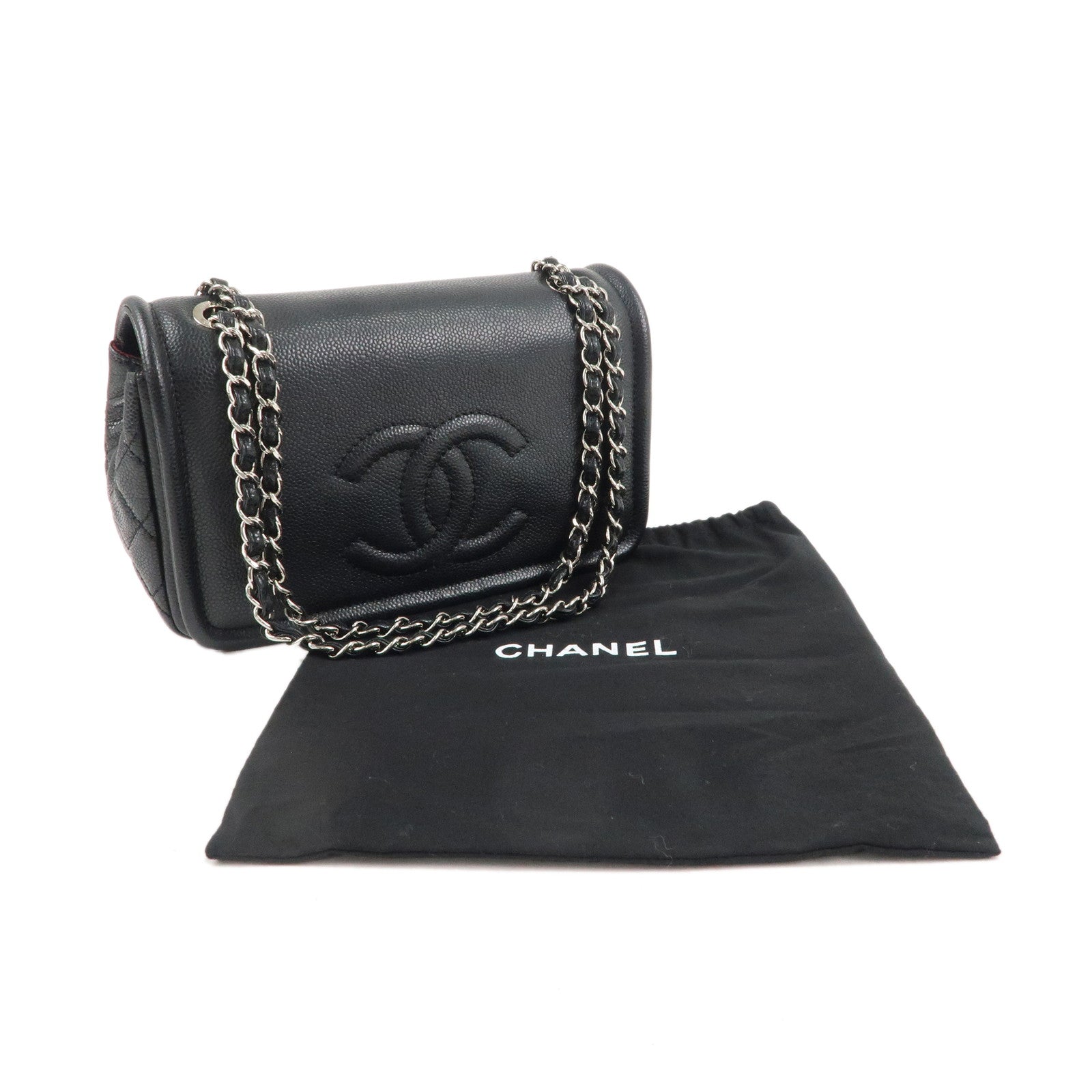 CHANEL Matelasse Caviar Skin Chain Shoulder Bag Black Silver HDW