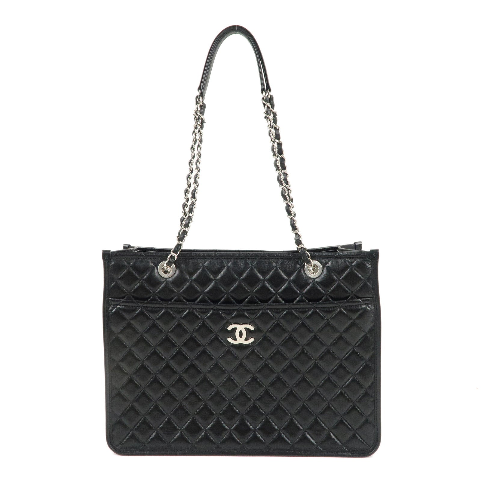 CHANEL-Matelasse-Lamb-Skin-Chain-Tote-Bag-Black-Silver-HDW