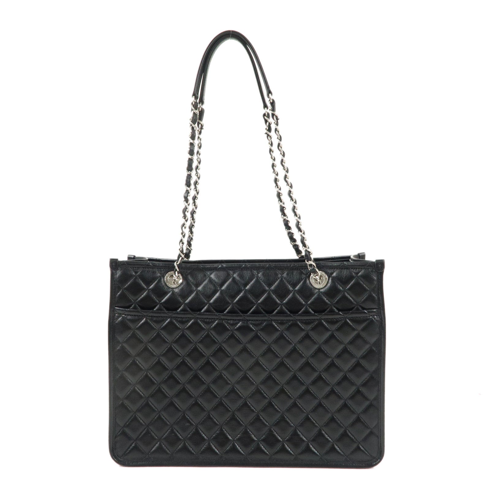 CHANEL Matelasse Lamb Skin Chain Tote Bag Black Silver HDW