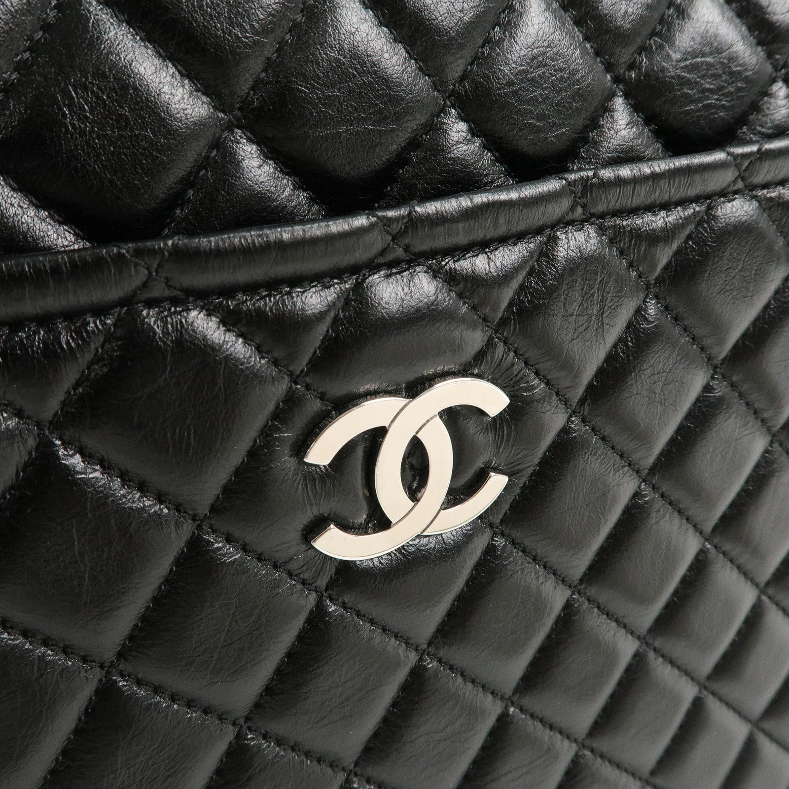 CHANEL Matelasse Lamb Skin Chain Tote Bag Black Silver HDW