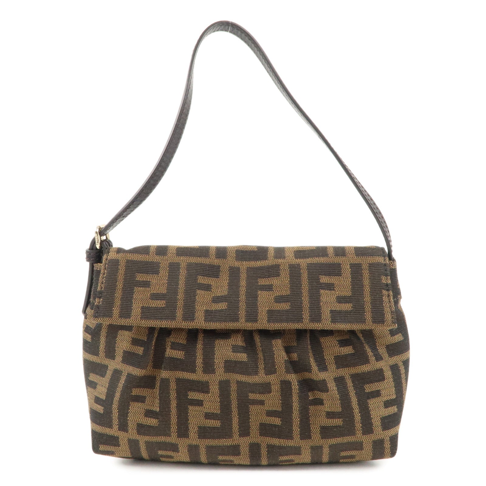 FENDI-Zucca-Canvas-Leather-Shoulder-Bag-Brown-Black-8BK070