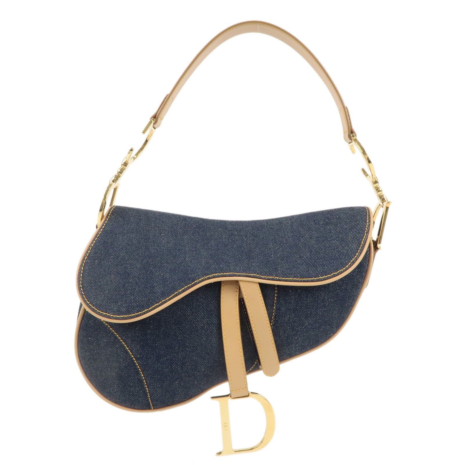 Christian-Dior-Saddle-Bag-Denim-Leather-Shoulder-Bag-Navy-Beige