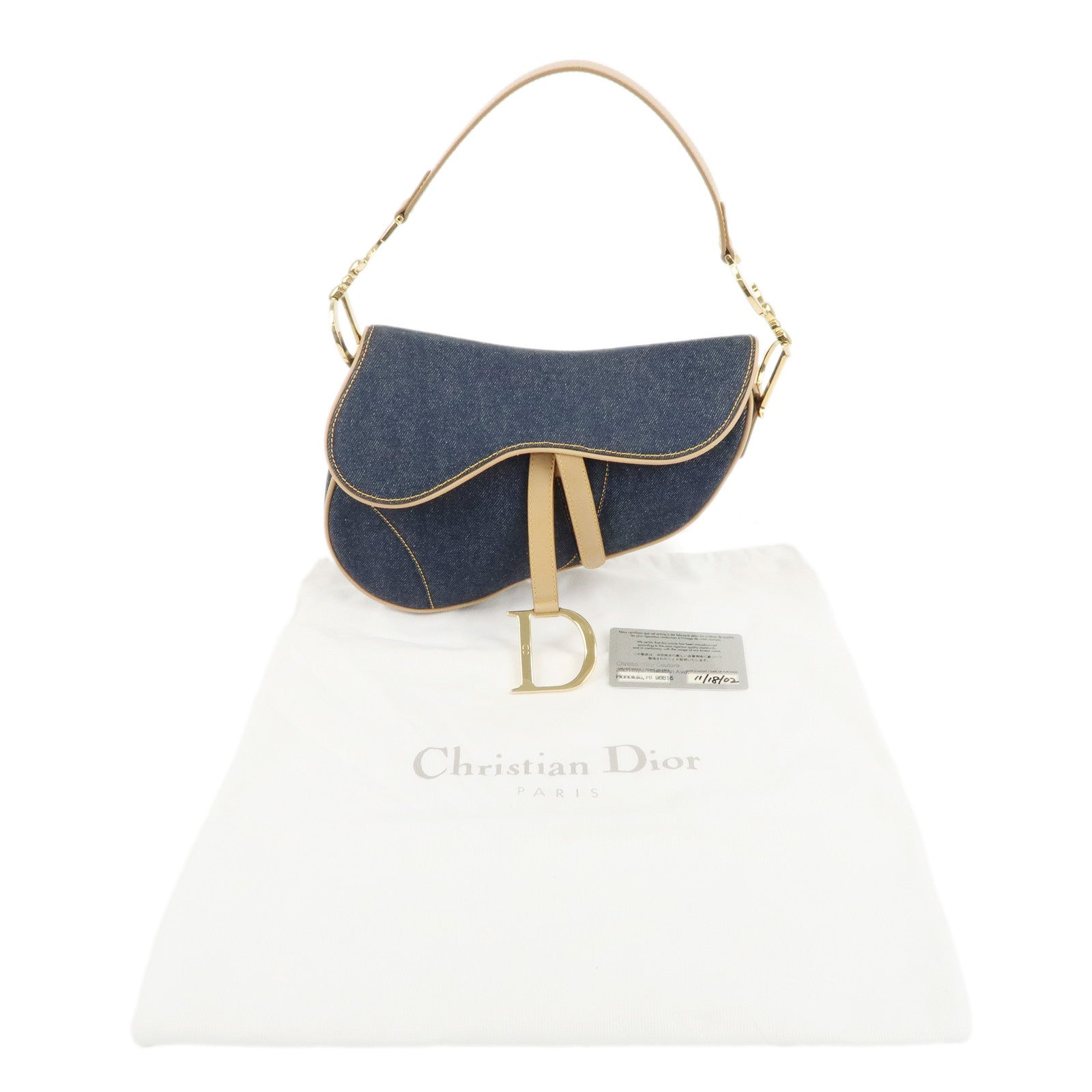 Christian Dior Saddle Bag Denim Leather Shoulder Bag Navy Beige