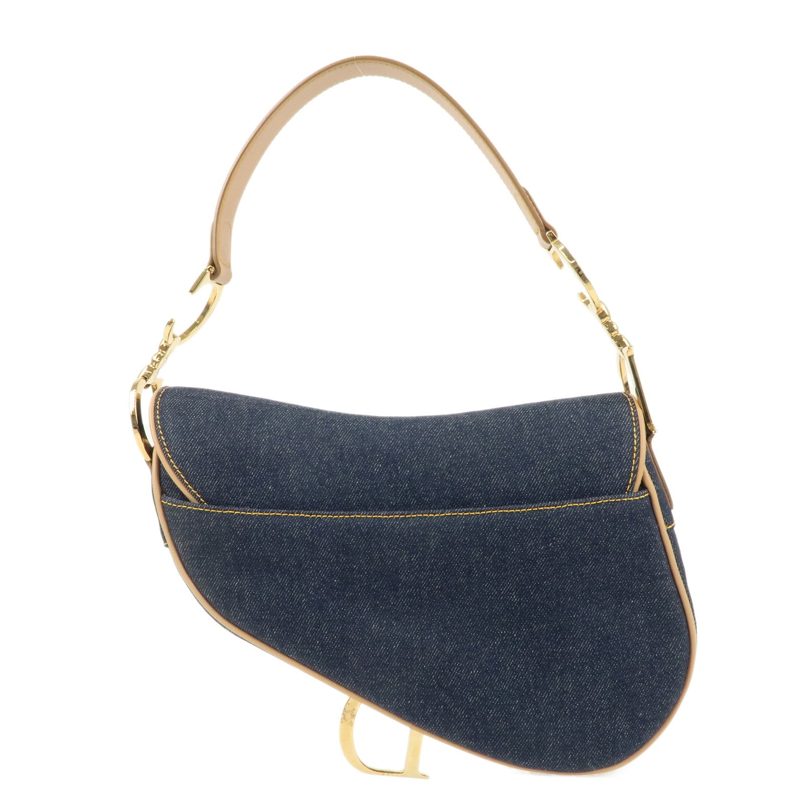 Christian Dior Saddle Bag Denim Leather Shoulder Bag Navy Beige