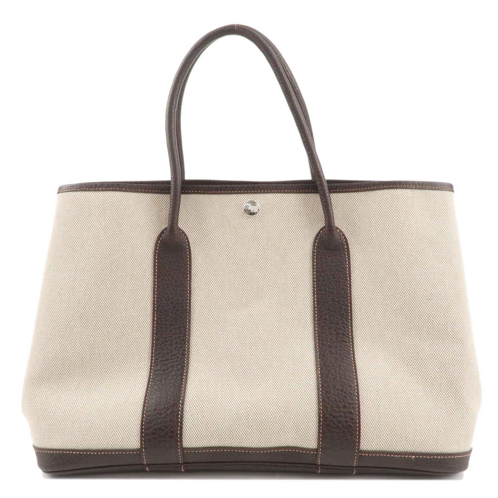 HERMES-Canvas-Leather-Garden-Party-PM-□J-Stamped-Beige-Dark-Brown