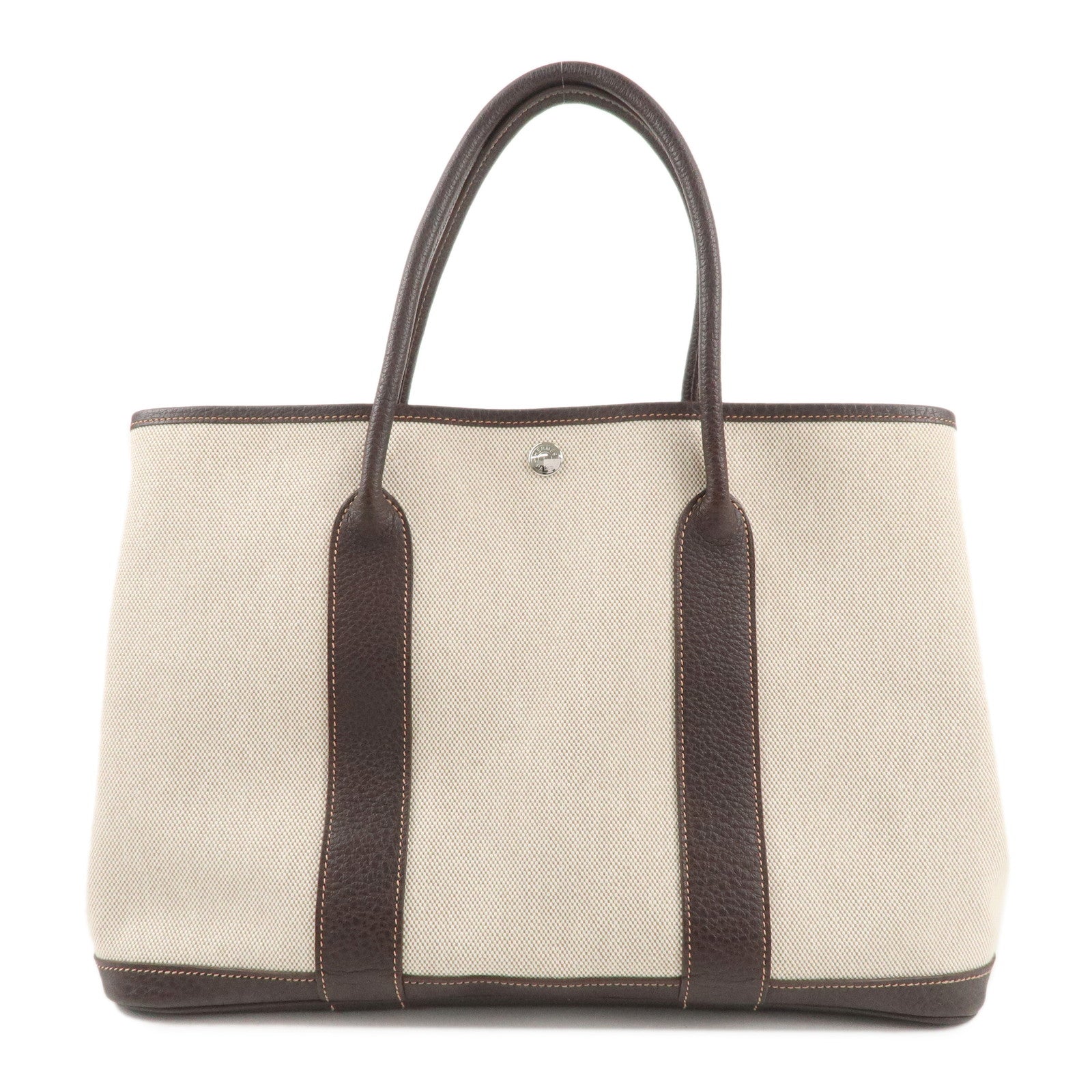 HERMES Canvas Leather Garden Party PM 笆｡J Stamped Beige Dark Brown