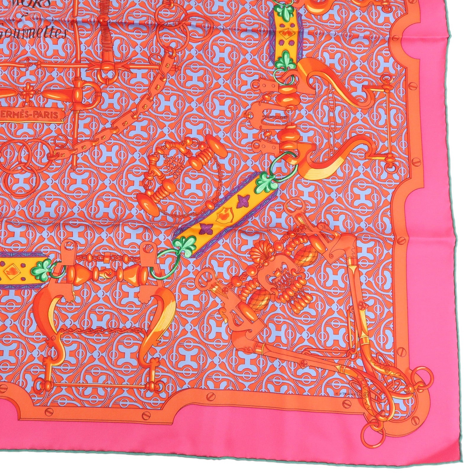 HERMES Silk 100% Carre 90 MORS et GOURMETTES Scarf Red Pink Blue