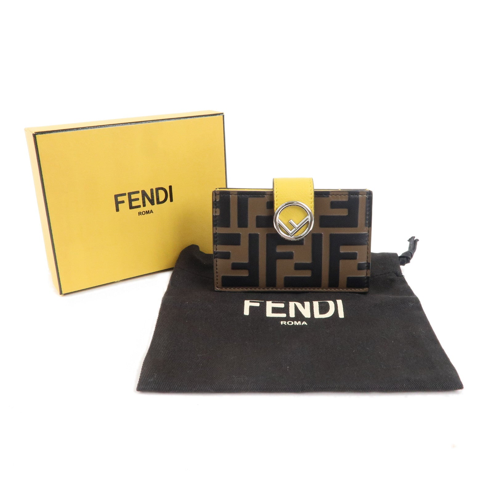 FENDI Zucca Leather F is FENDI Card Case Brown Black Yellow 8M0301