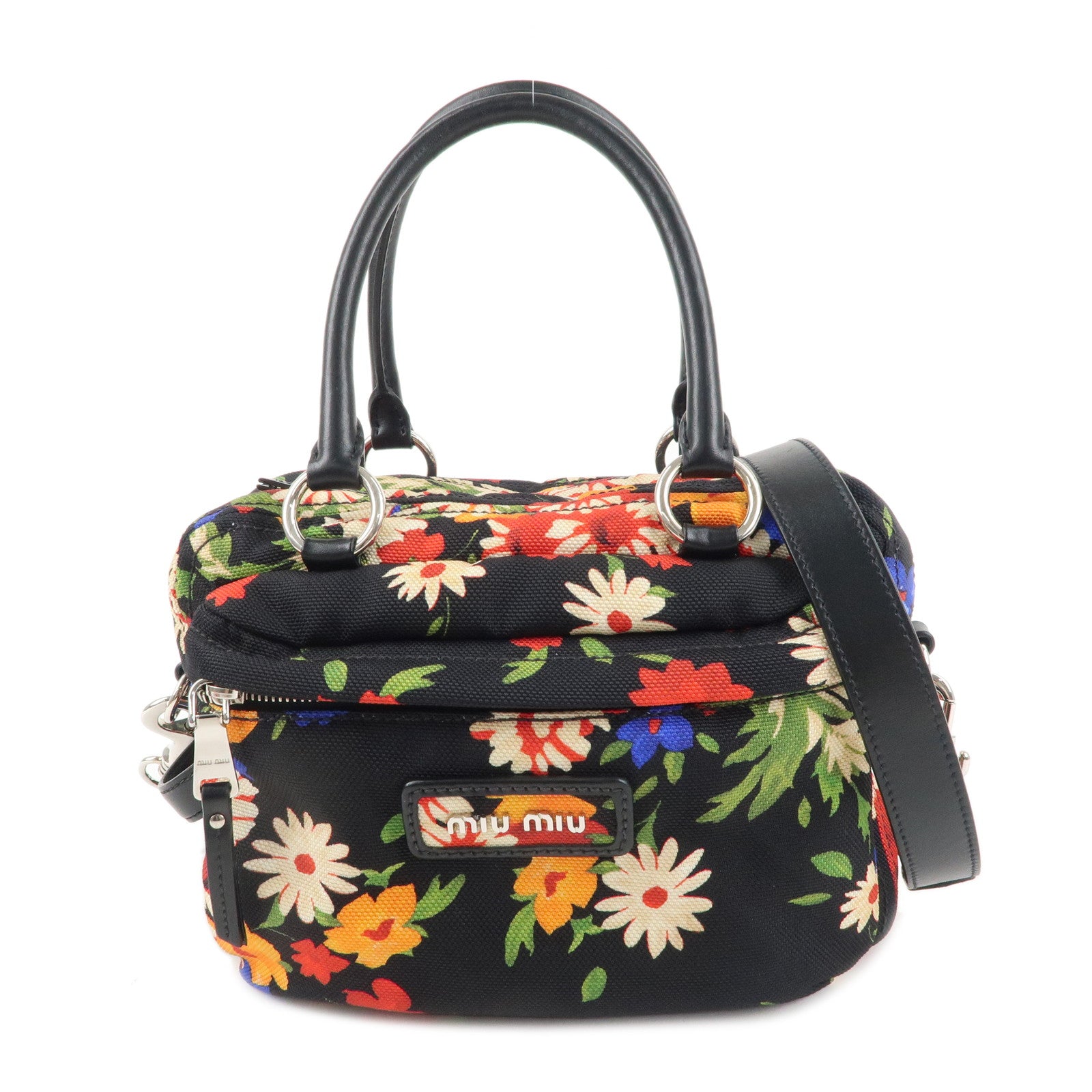 MIU-MIU-Canvas-Leather-Flower-Print-2WAY-Bag-Black-5BB070