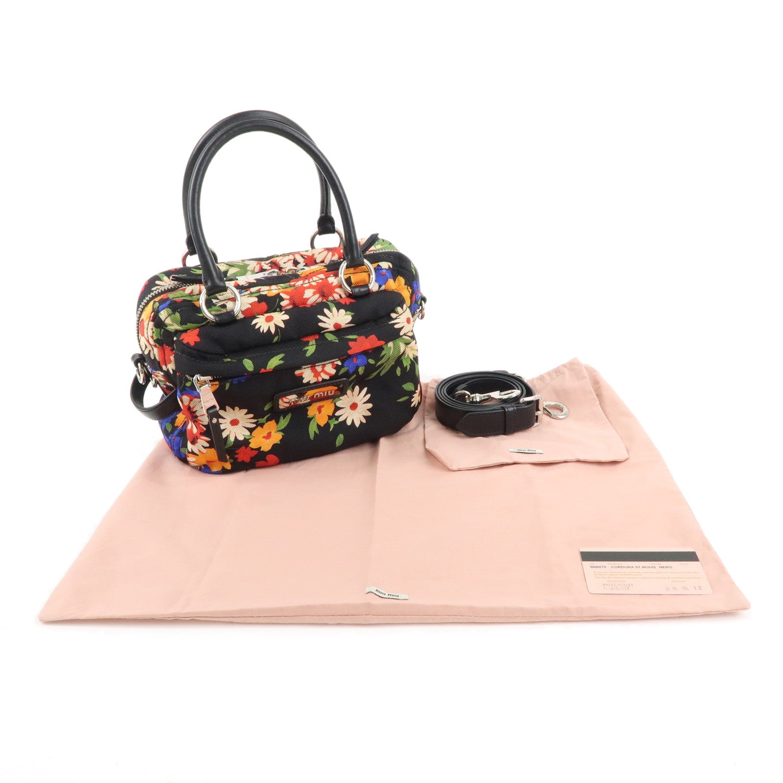 MIU MIU Canvas Leather Flower Print 2WAY Bag Black 5BB070