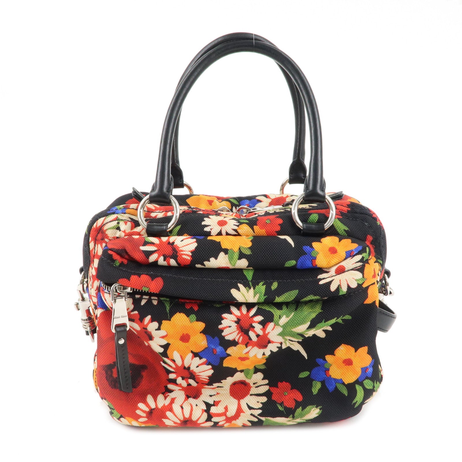 MIU MIU Canvas Leather Flower Print 2WAY Bag Black 5BB070