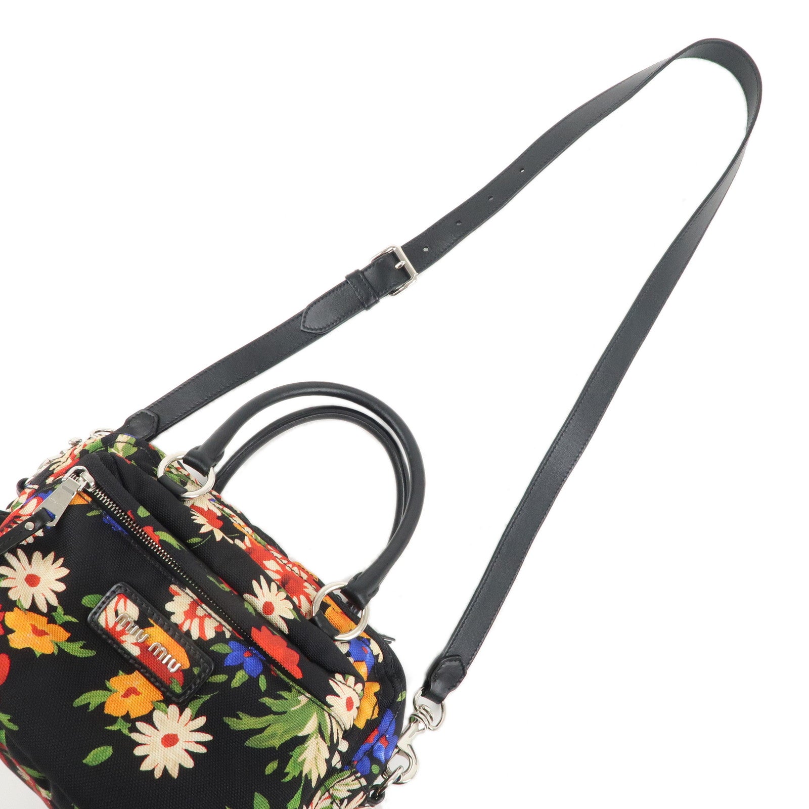 MIU MIU Canvas Leather Flower Print 2WAY Bag Black 5BB070